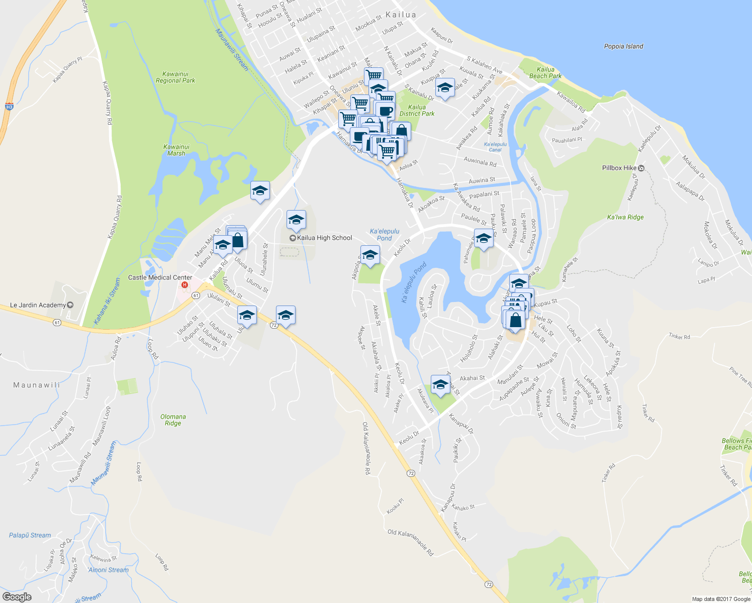 map of restaurants, bars, coffee shops, grocery stores, and more near 1258 Akele Street in Kailua