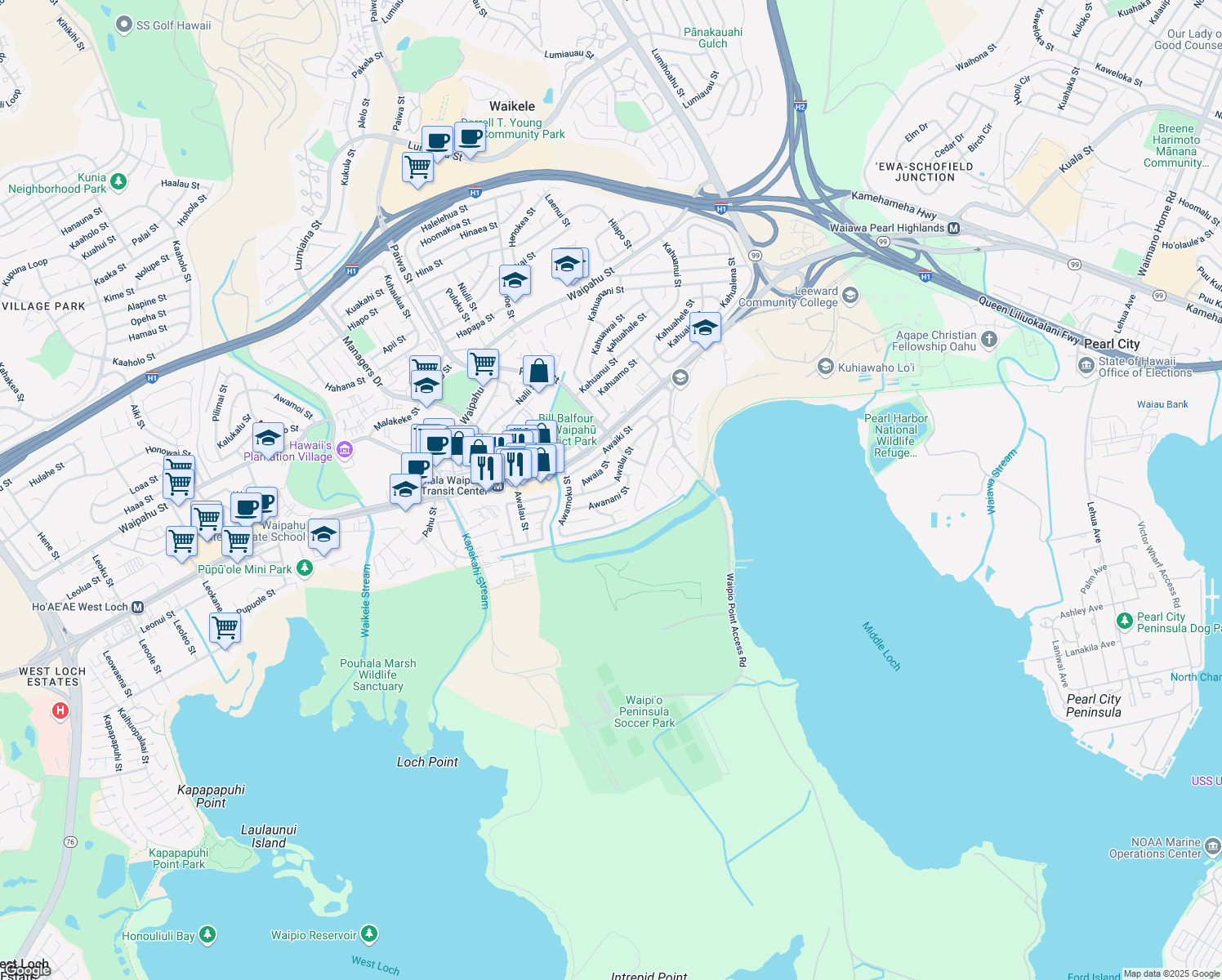 map of restaurants, bars, coffee shops, grocery stores, and more near 94-1015 Awalai Street in Waipahu