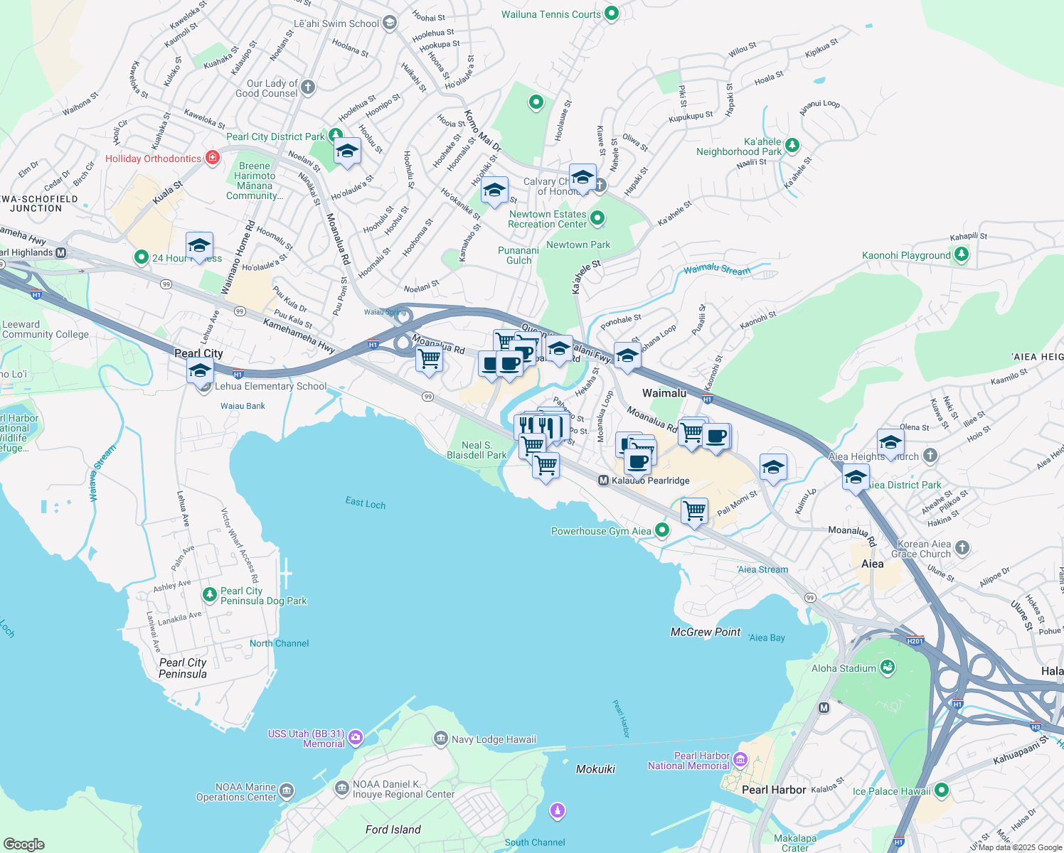 map of restaurants, bars, coffee shops, grocery stores, and more near 98-3 Lokowai Street in Aiea