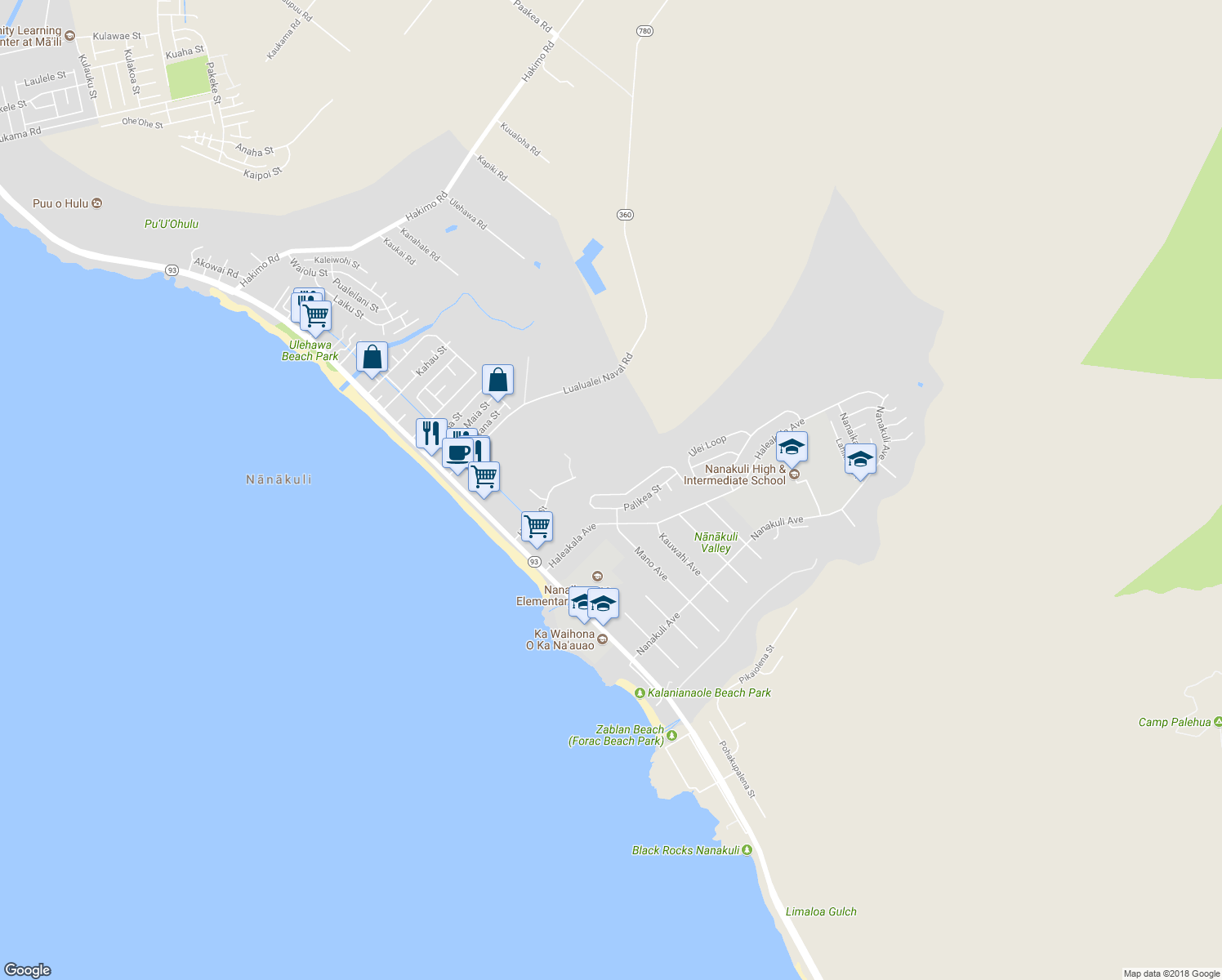 map of restaurants, bars, coffee shops, grocery stores, and more near 89-344 Mokiawe Street in Waianae