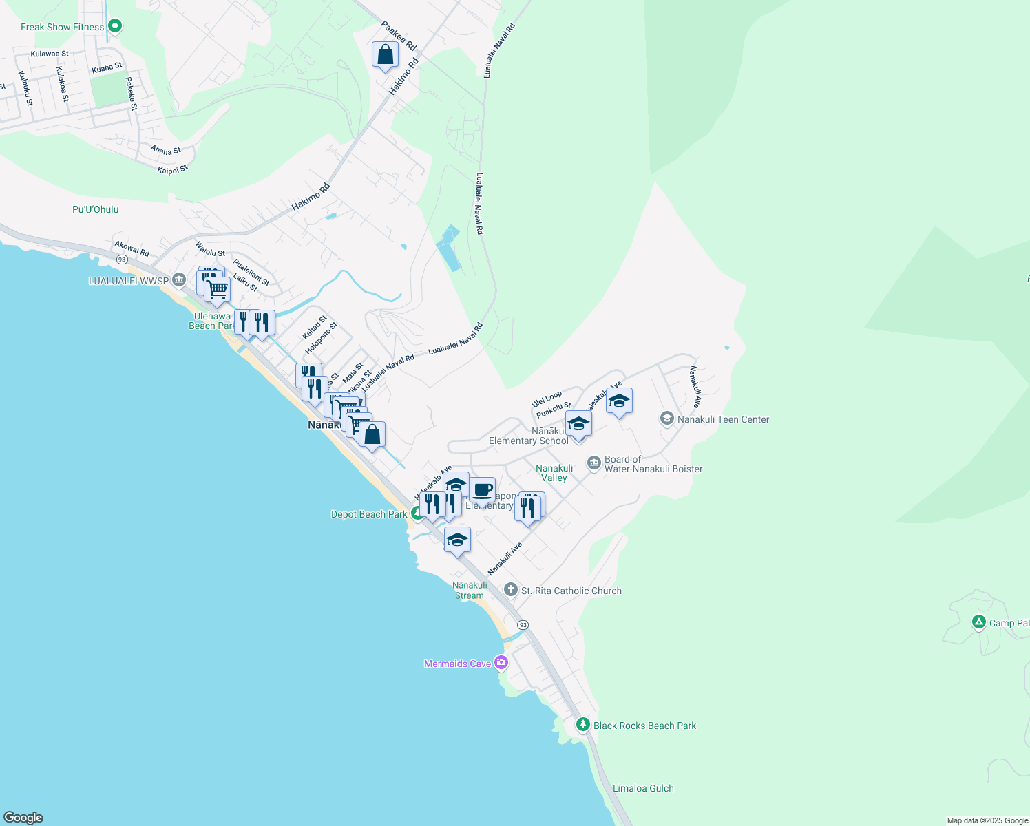map of restaurants, bars, coffee shops, grocery stores, and more near 89-404 Mokiawe Street in Waianae
