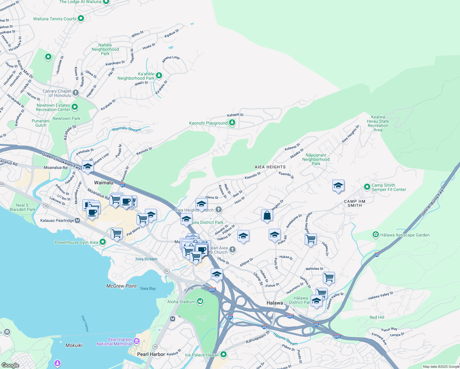 map of restaurants, bars, coffee shops, grocery stores, and more near 98-1219 Mahipua Street in Aiea