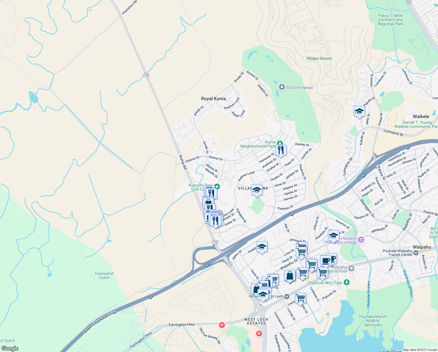 map of restaurants, bars, coffee shops, grocery stores, and more near 94-1054 Mawaho Street in Waipahu