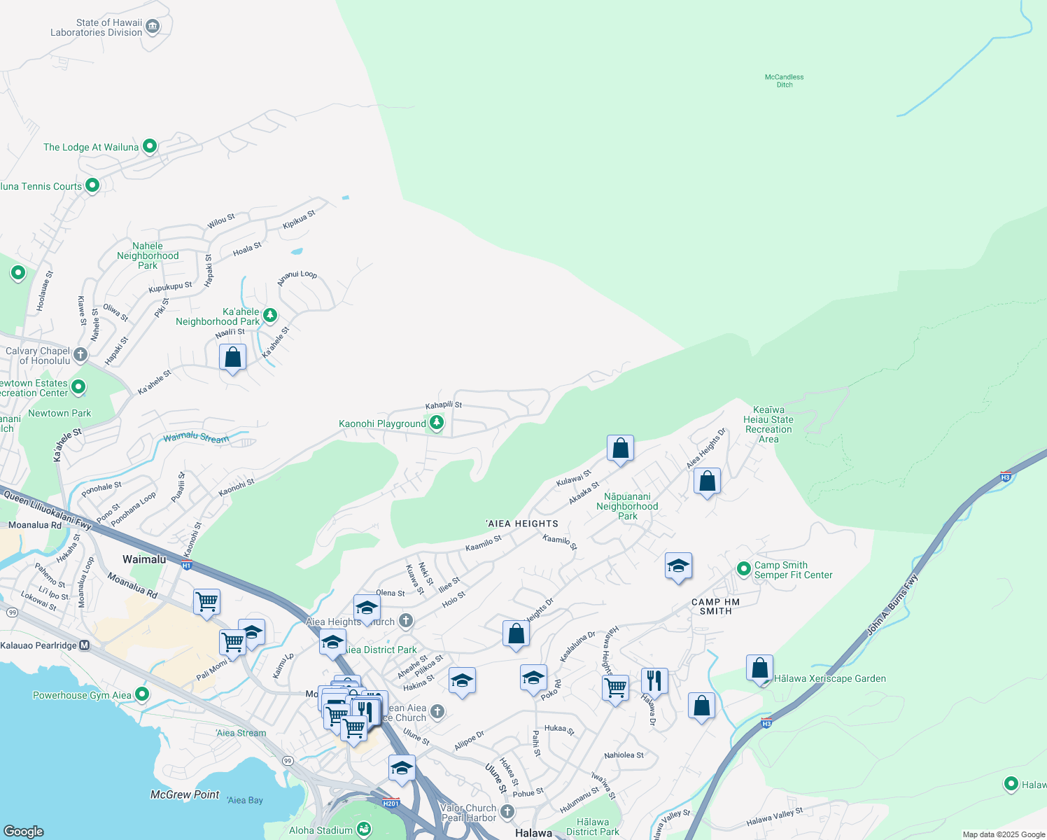 map of restaurants, bars, coffee shops, grocery stores, and more near 98-1165 Kaonohi Street in Aiea