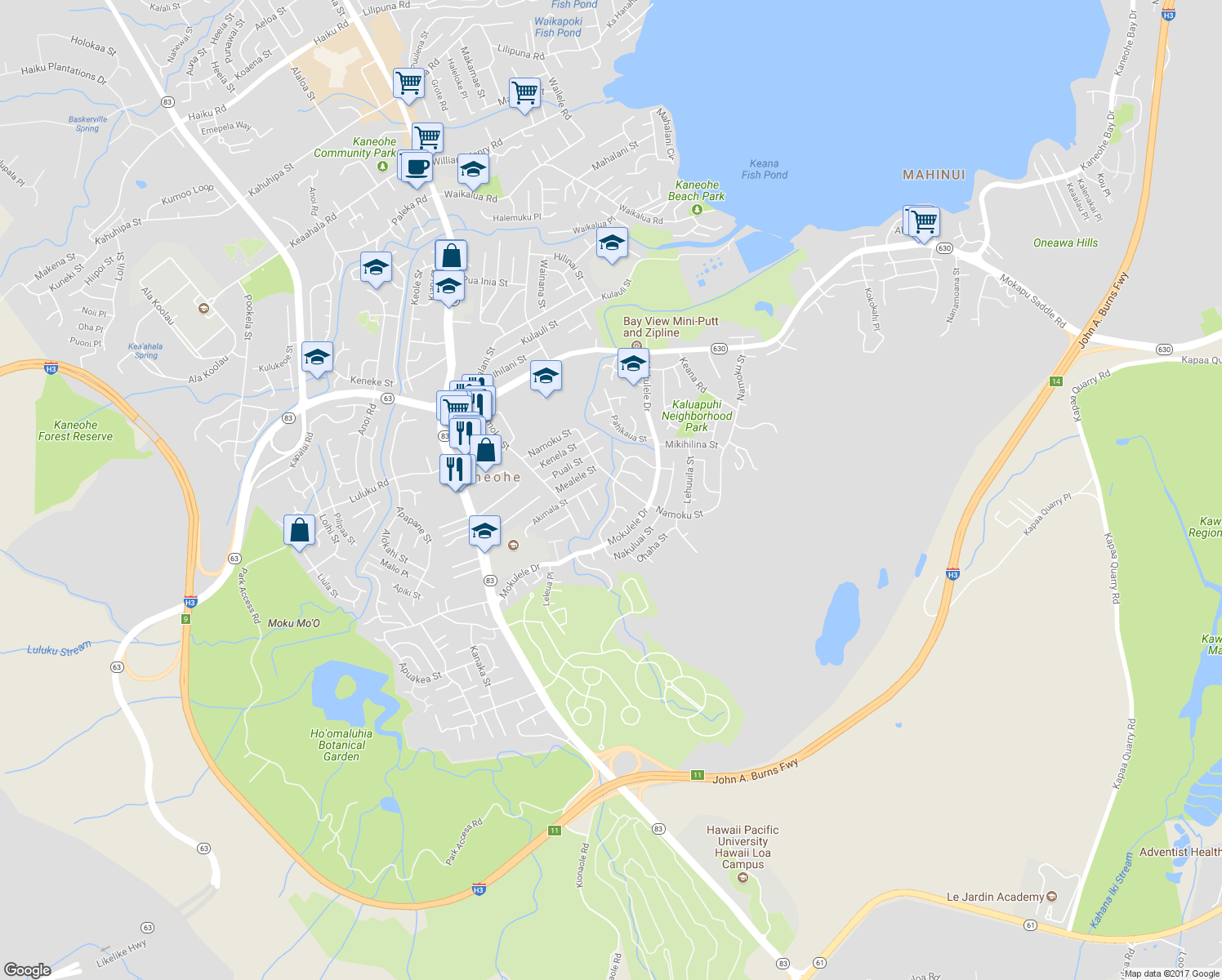 map of restaurants, bars, coffee shops, grocery stores, and more near 45-309 Nakuluai Street in Kaneohe