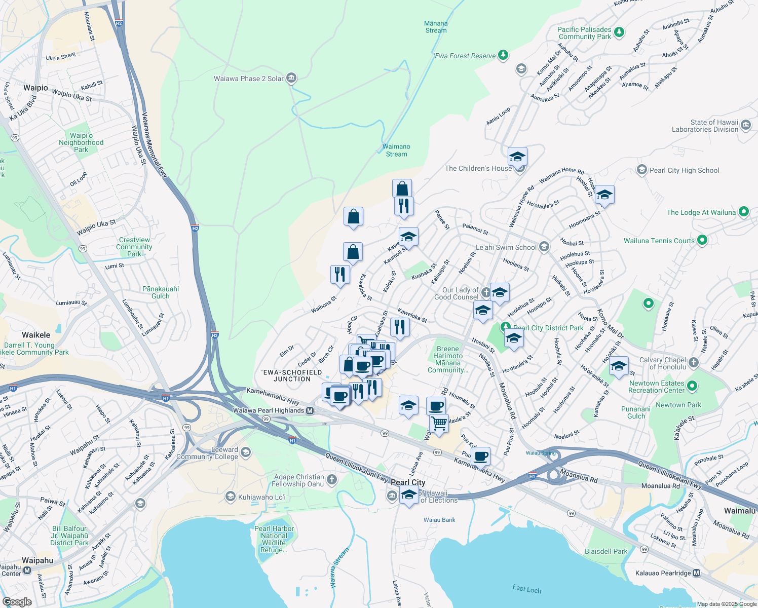 map of restaurants, bars, coffee shops, grocery stores, and more near 1175 Kaweloka St in Pearl City