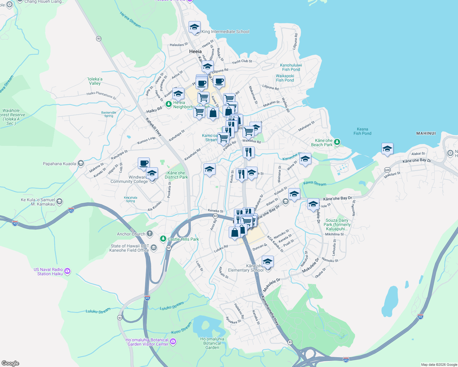 map of restaurants, bars, coffee shops, grocery stores, and more near 45-569 Keole Street in Kaneohe