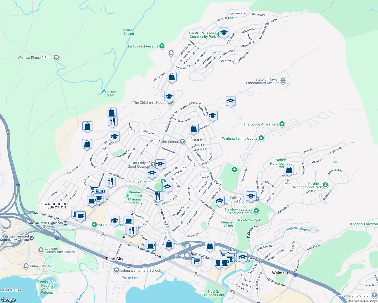 map of restaurants, bars, coffee shops, grocery stores, and more near 1420 Komo Mai Drive in Pearl City