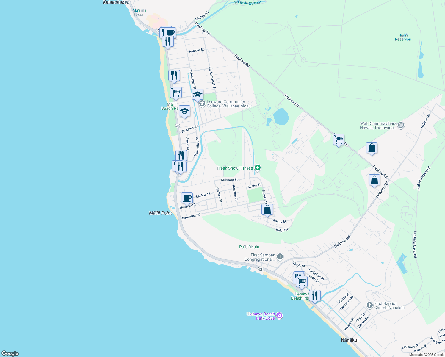 map of restaurants, bars, coffee shops, grocery stores, and more near 87-342 Kulawae Street in Waianae