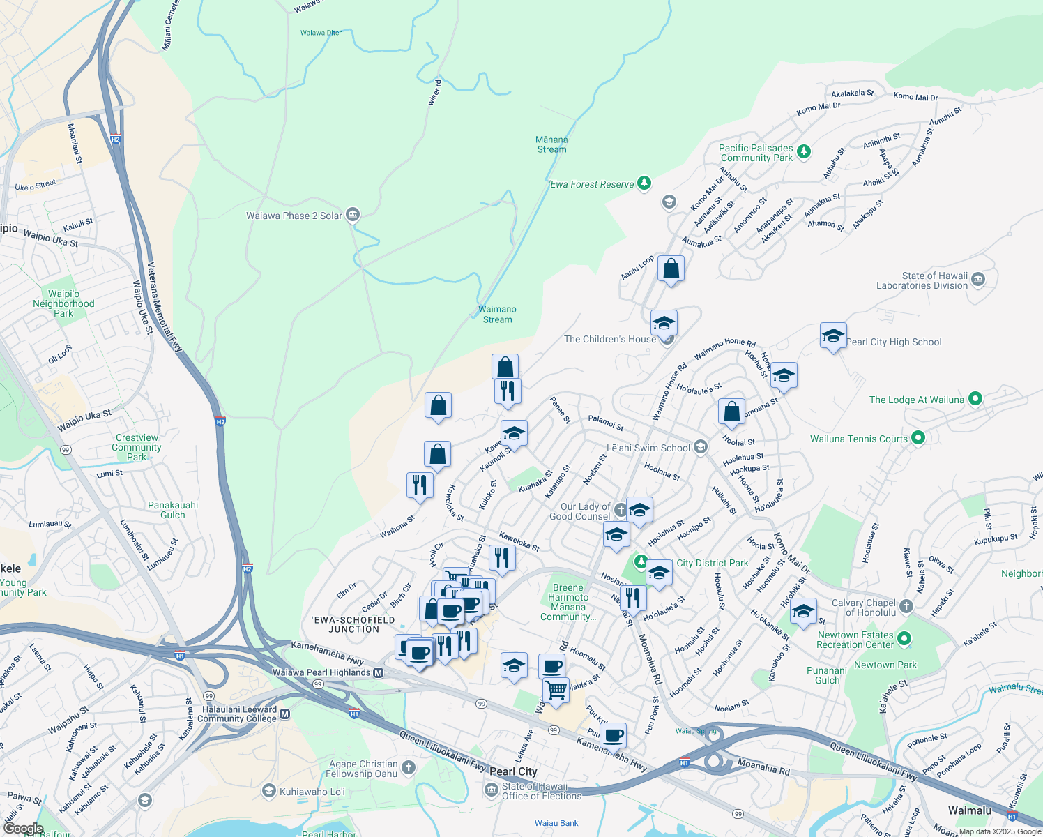 map of restaurants, bars, coffee shops, grocery stores, and more near 1493 Kaweloka Street in Pearl City