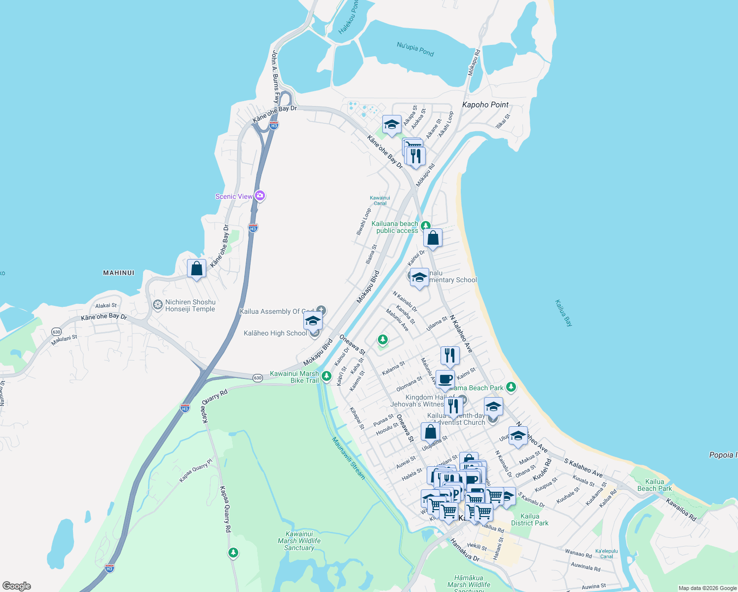 map of restaurants, bars, coffee shops, grocery stores, and more near 1162 Mokapu Boulevard in Kailua