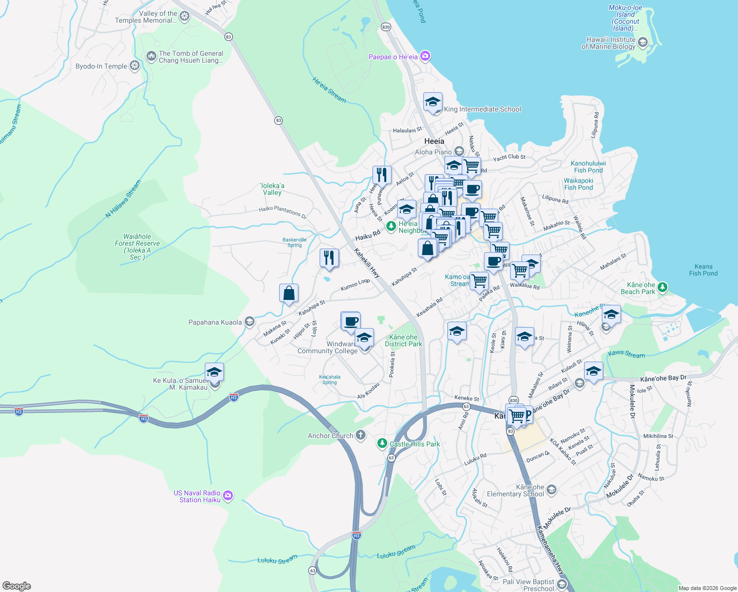 map of restaurants, bars, coffee shops, grocery stores, and more near 46-319 Kahuhipa Street in Kaneohe