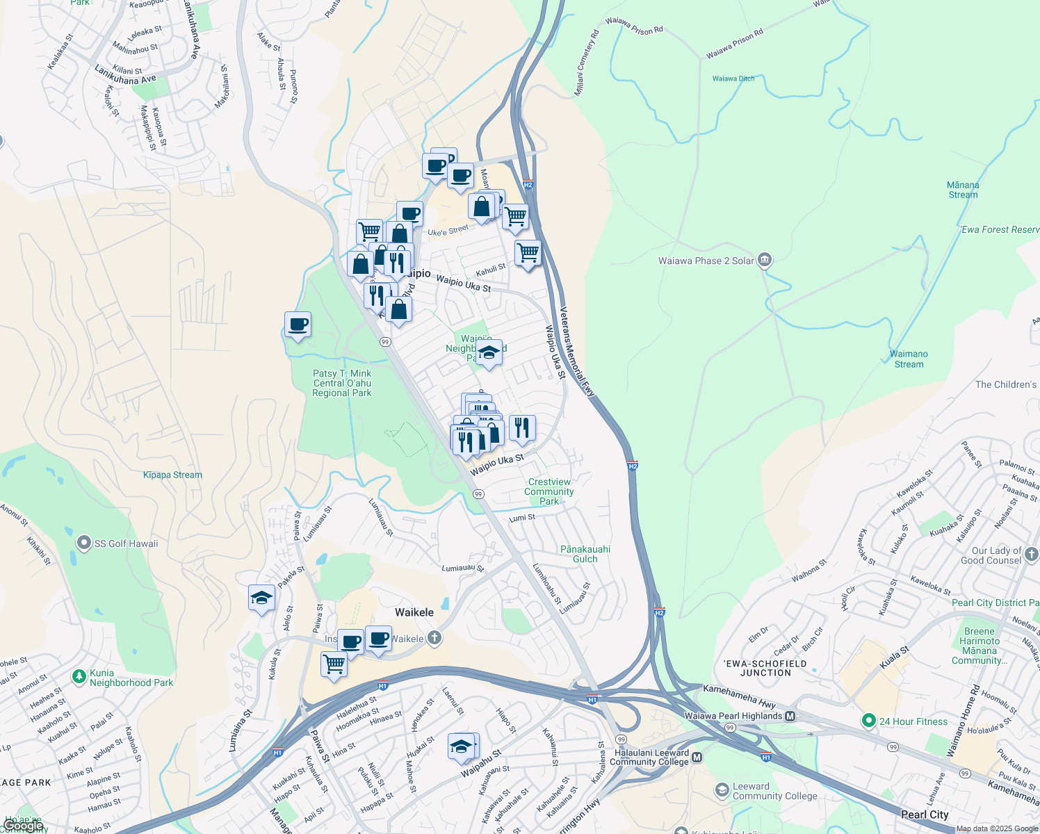 map of restaurants, bars, coffee shops, grocery stores, and more near 94-1078 Leko Place in Waipahu