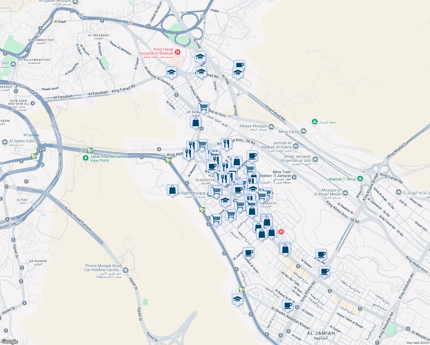 map of restaurants, bars, coffee shops, grocery stores, and more near Al Masjid Al Haram Road in Mecca