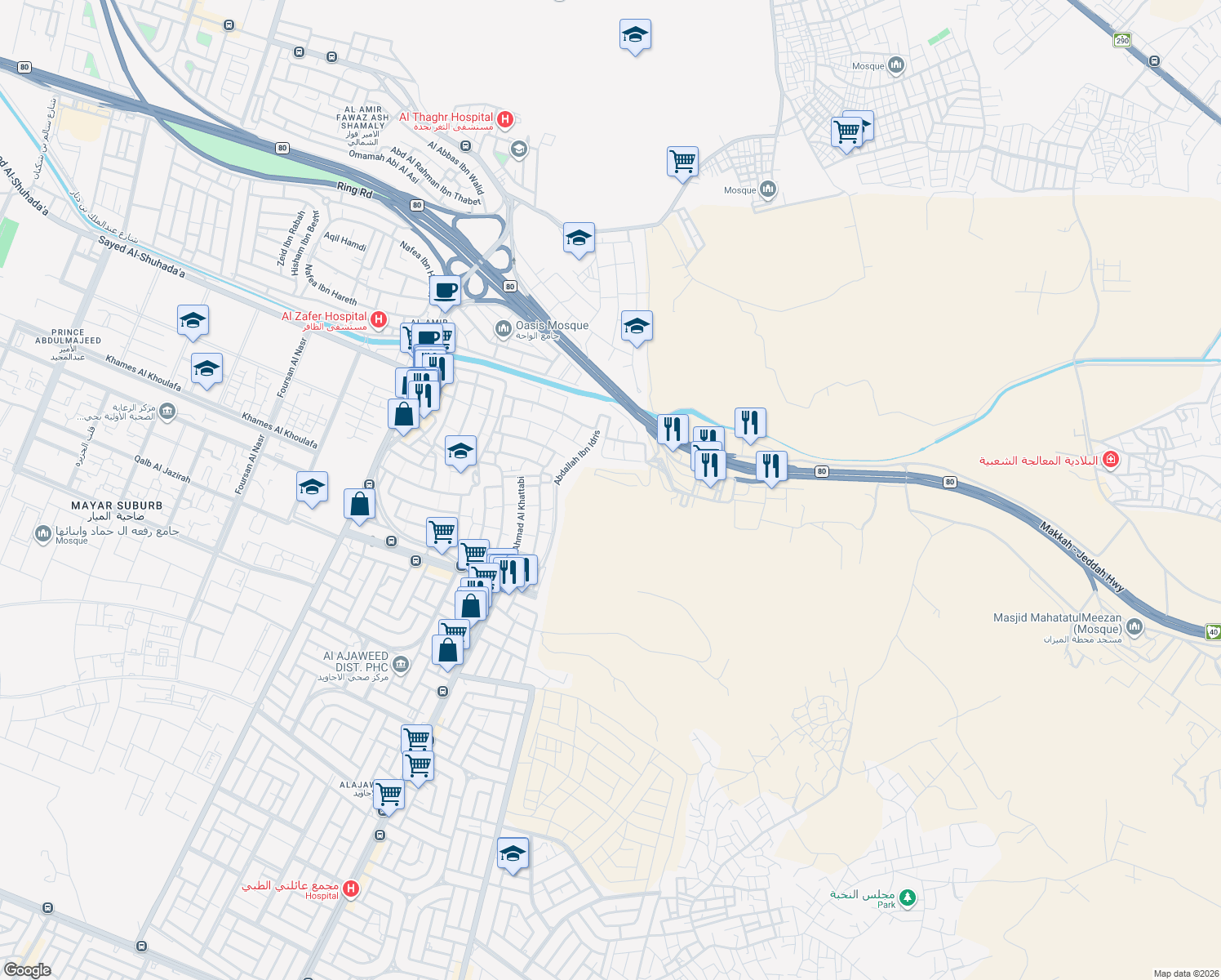 map of restaurants, bars, coffee shops, grocery stores, and more near in Jeddah