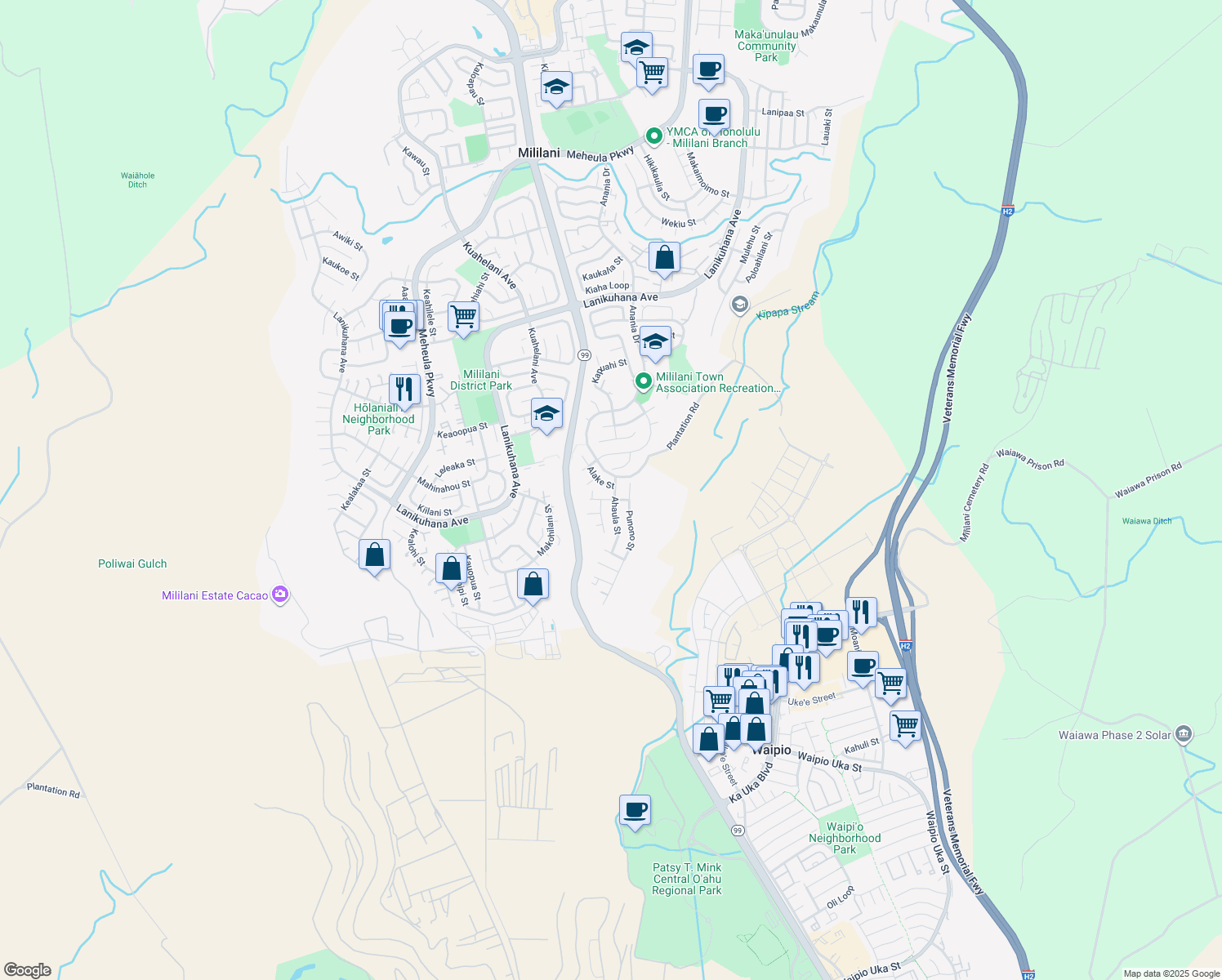 map of restaurants, bars, coffee shops, grocery stores, and more near 94-153 Alake Street in Mililani