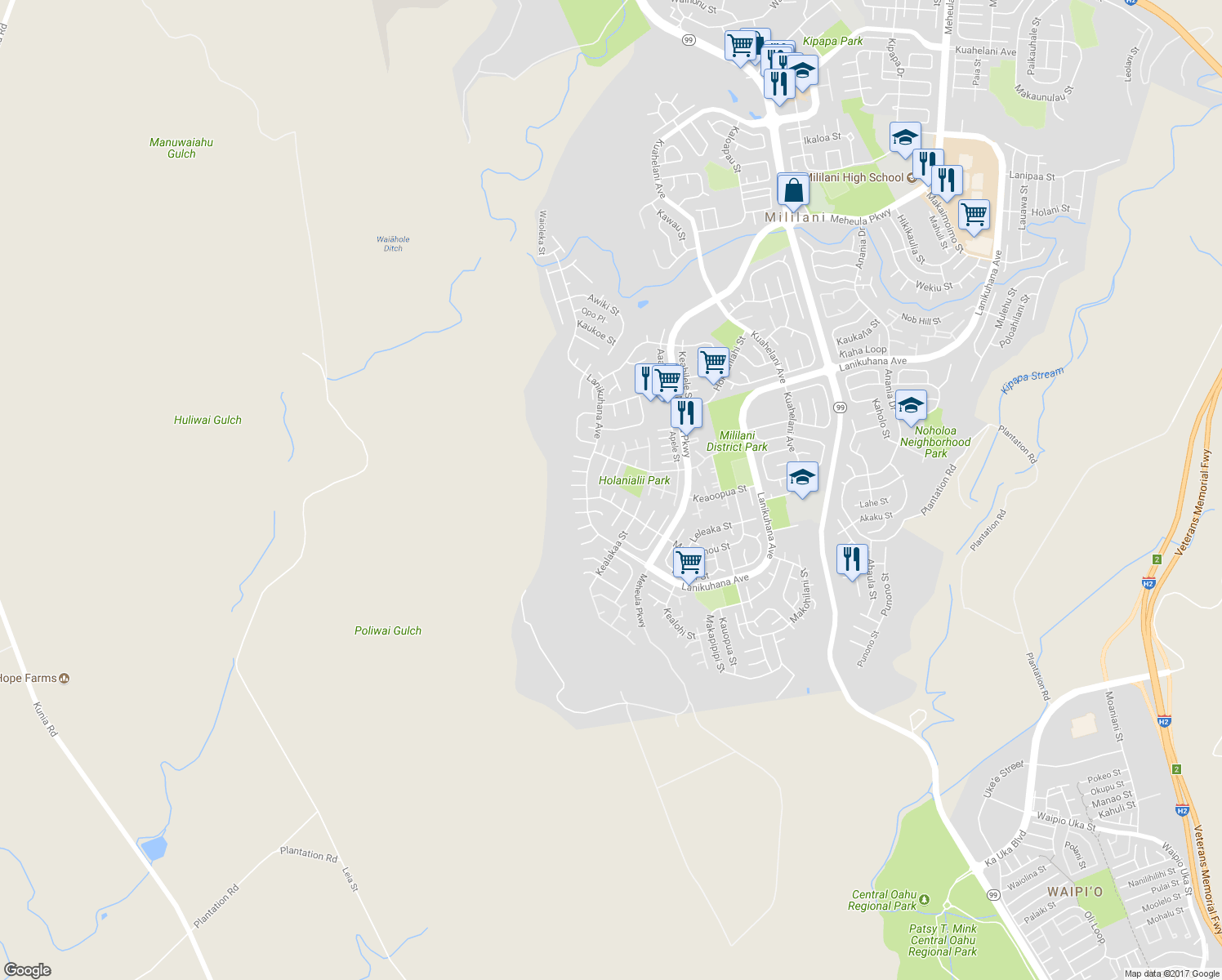 map of restaurants, bars, coffee shops, grocery stores, and more near 94-309 Maiaohe Place in Mililani