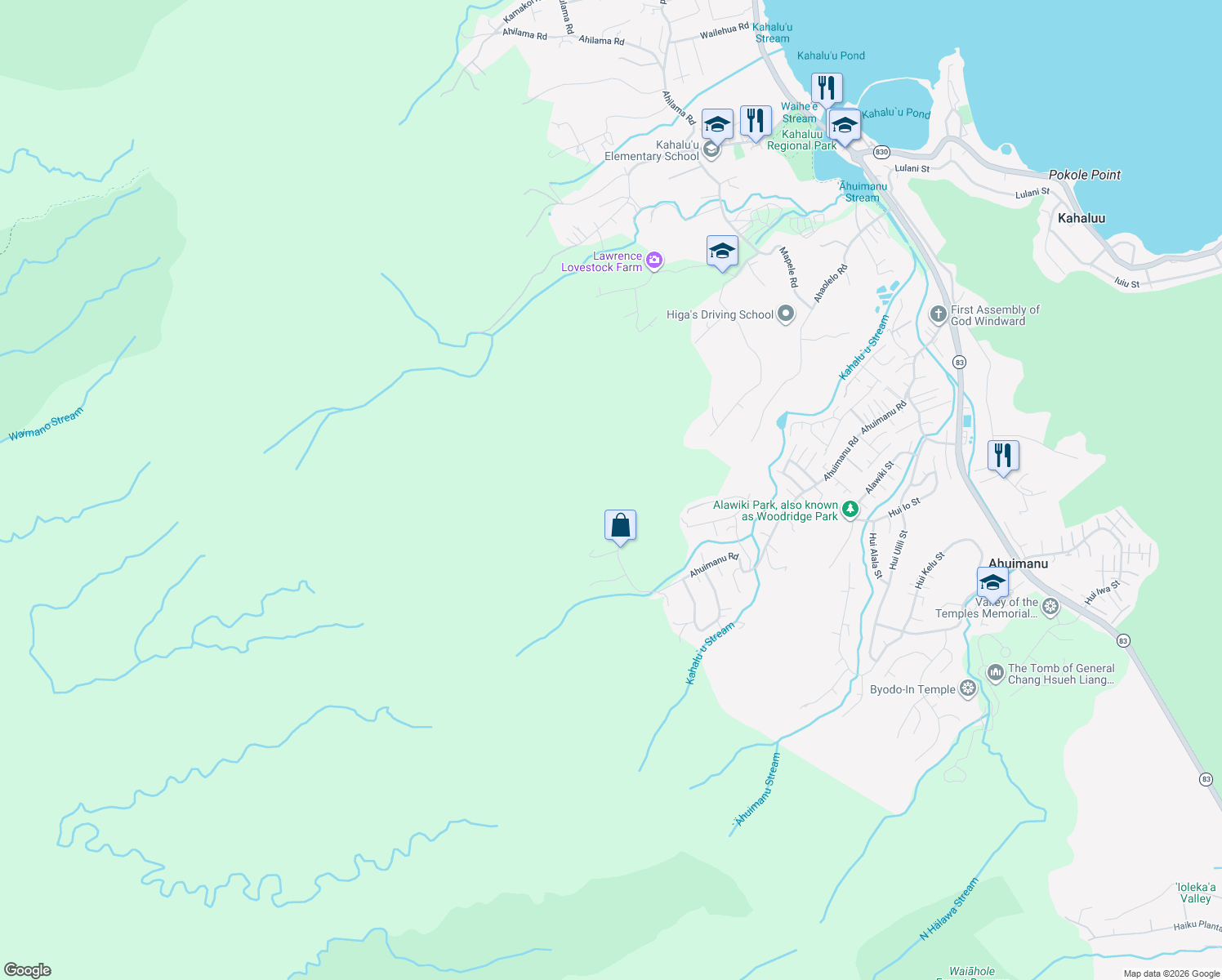 map of restaurants, bars, coffee shops, grocery stores, and more near 47-806 Ahuimanu Rd in Kaneohe