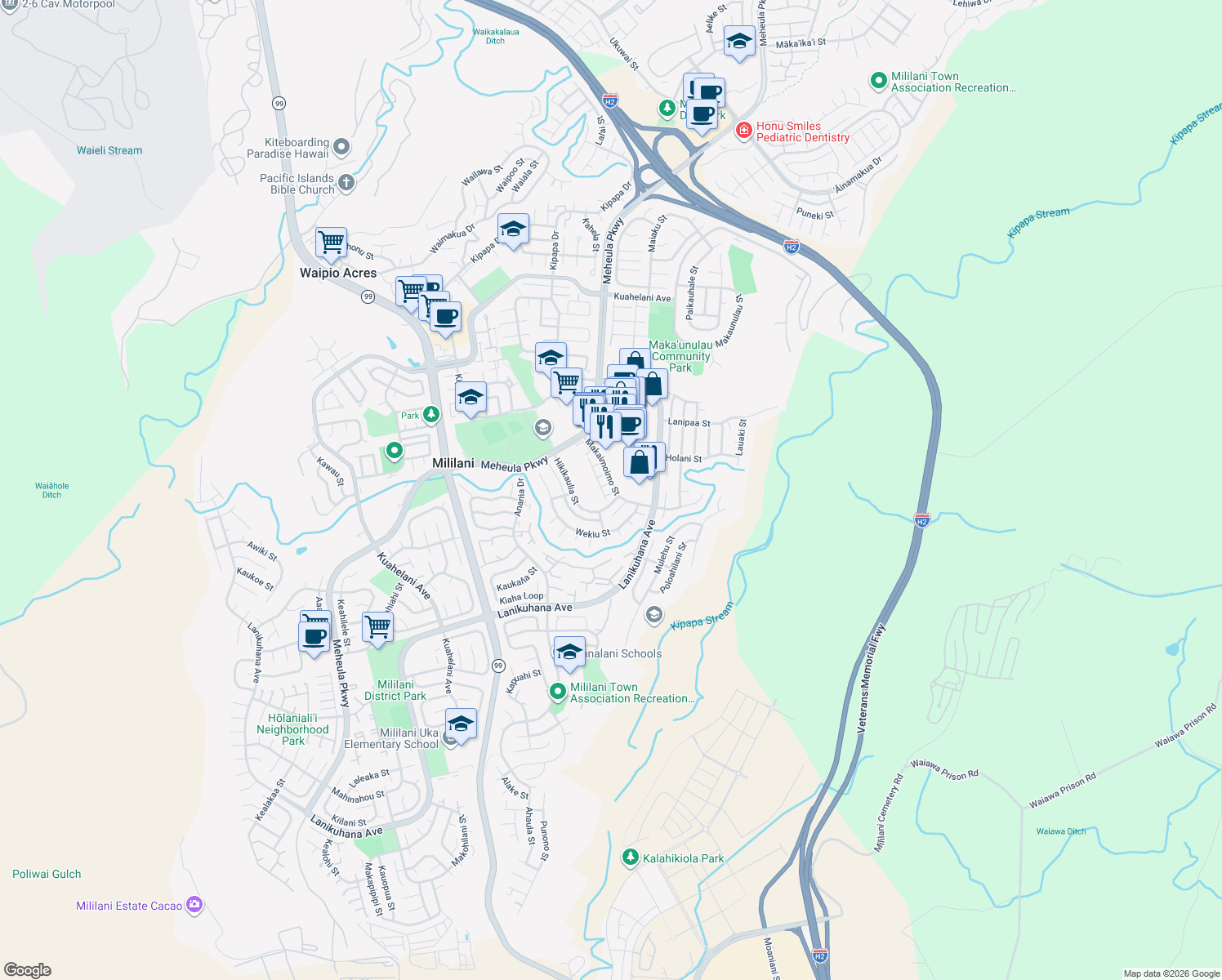 map of restaurants, bars, coffee shops, grocery stores, and more near 95-100 Mahuli Street in Mililani