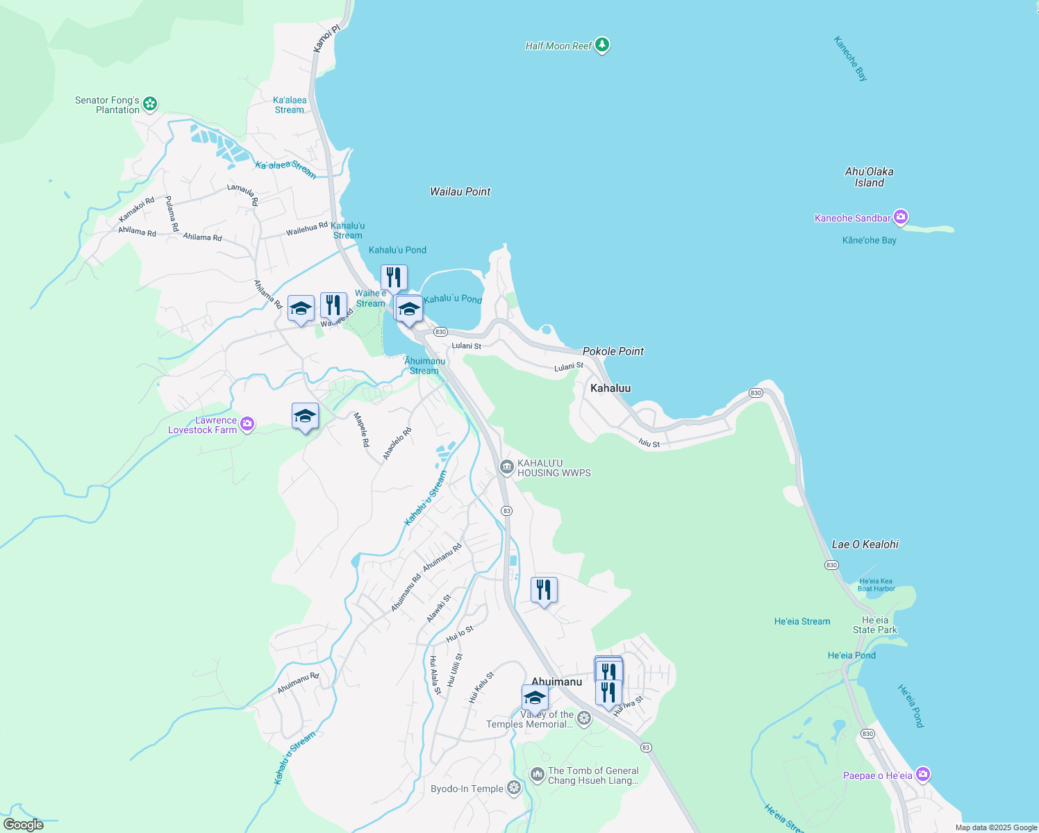 map of restaurants, bars, coffee shops, grocery stores, and more near 47-240 Ahuimanu Road in Kaneohe