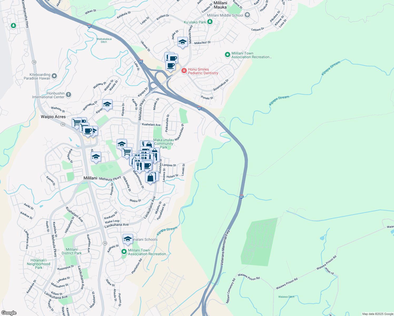 map of restaurants, bars, coffee shops, grocery stores, and more near 95-805 Lanipaa Street in Mililani
