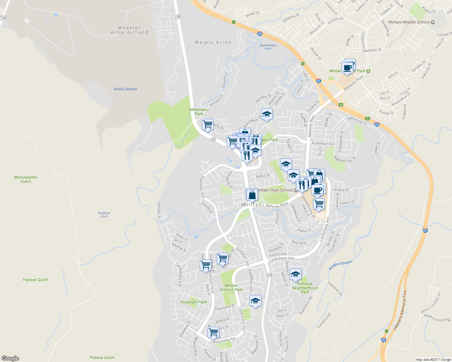 map of restaurants, bars, coffee shops, grocery stores, and more near 95-208 Kahiku Place in Mililani