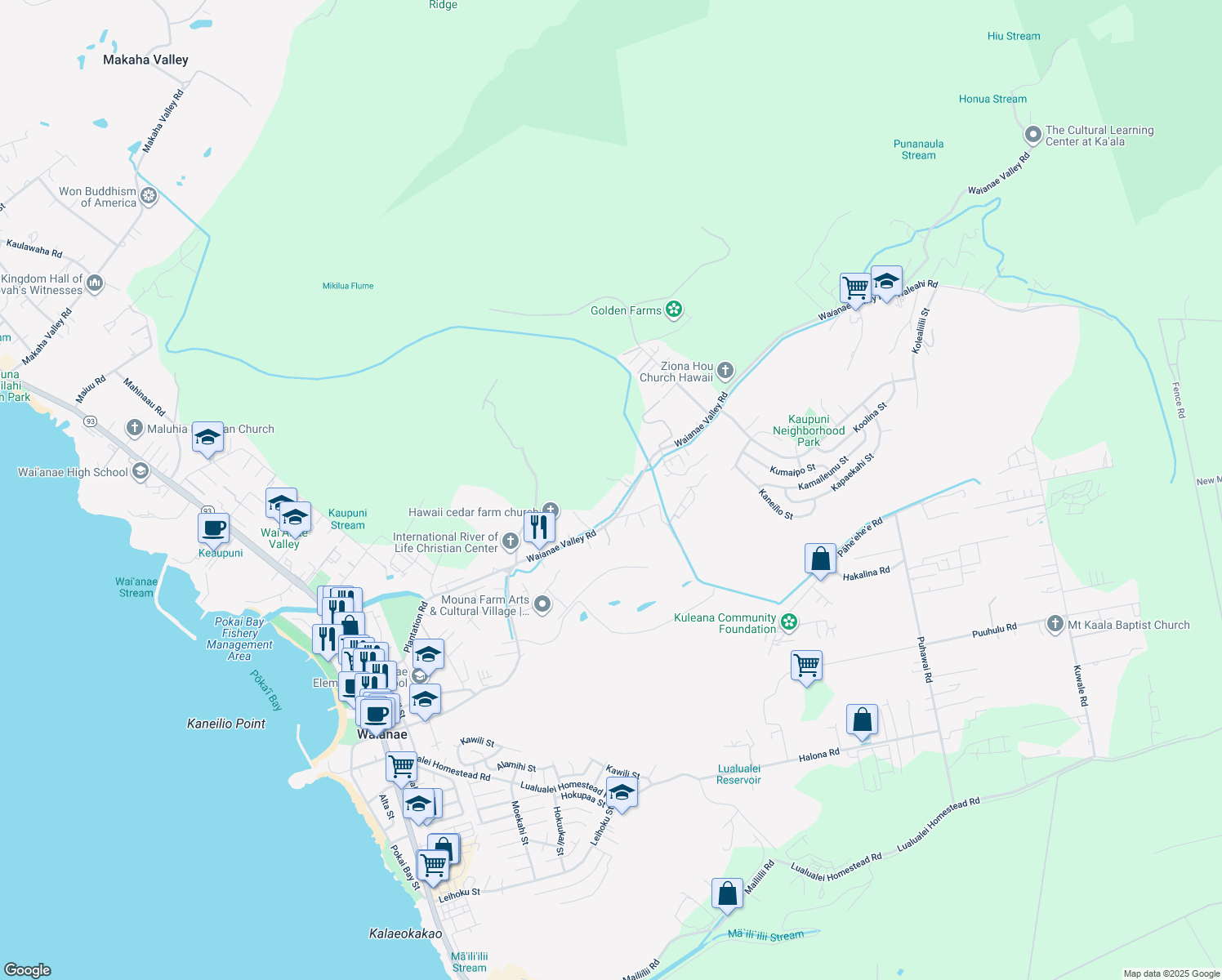 map of restaurants, bars, coffee shops, grocery stores, and more near 85-810 Waianae Valley Road in Waianae