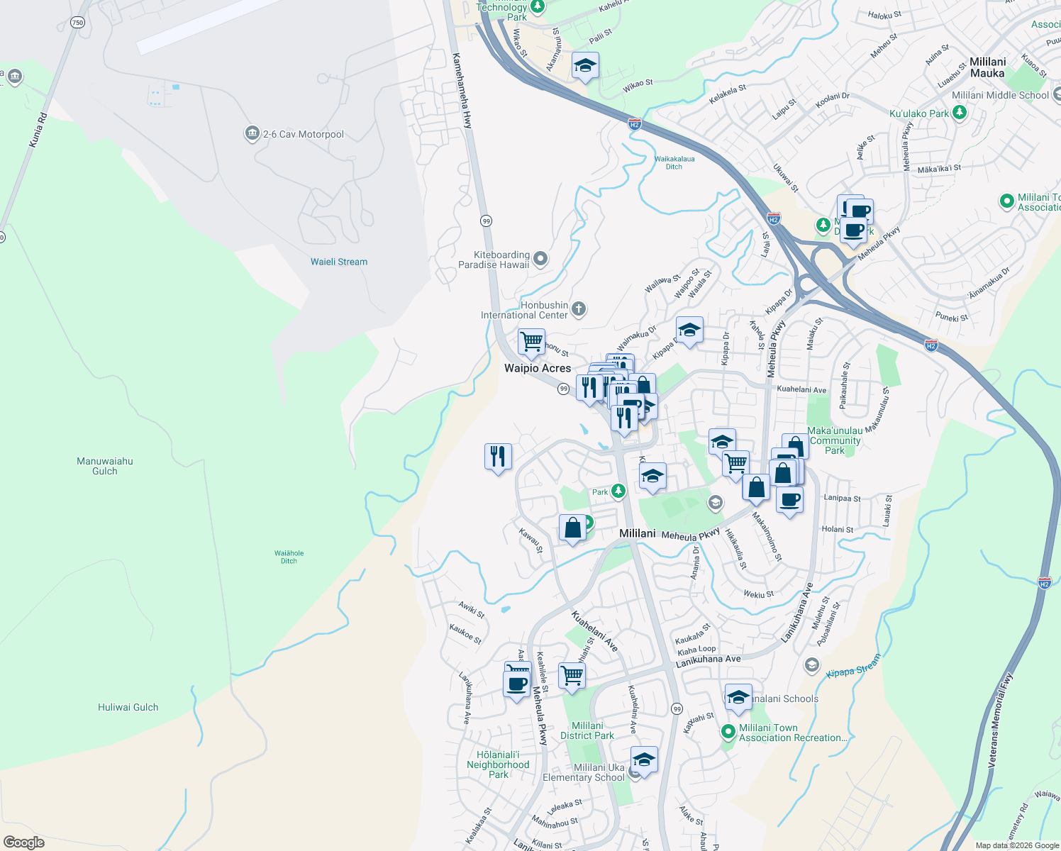 map of restaurants, bars, coffee shops, grocery stores, and more near 95-208 Ikaika Place in Mililani