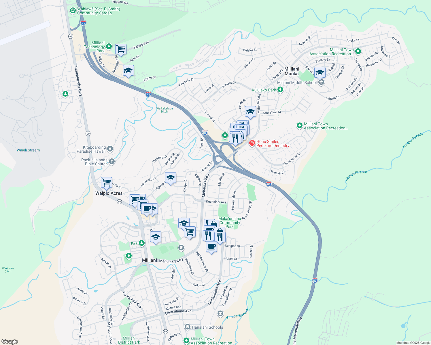 map of restaurants, bars, coffee shops, grocery stores, and more near 95-122 Hinalii Place in Mililani