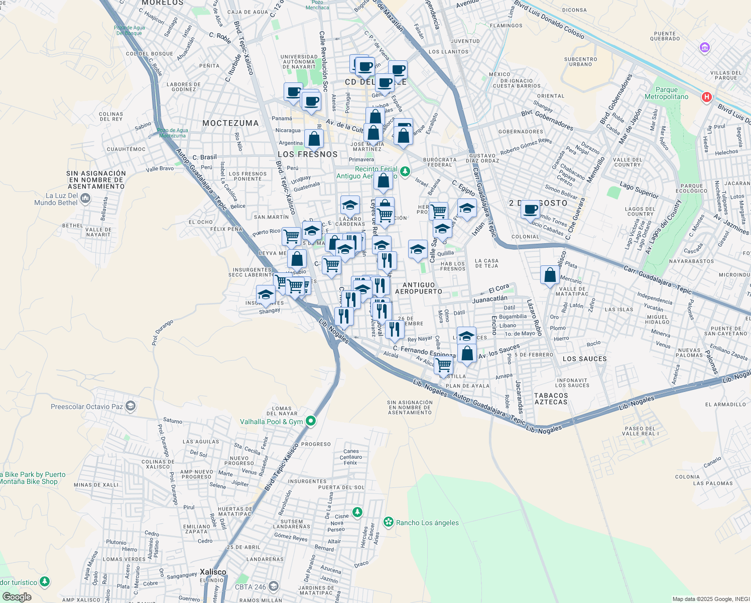 map of restaurants, bars, coffee shops, grocery stores, and more near in Tepic
