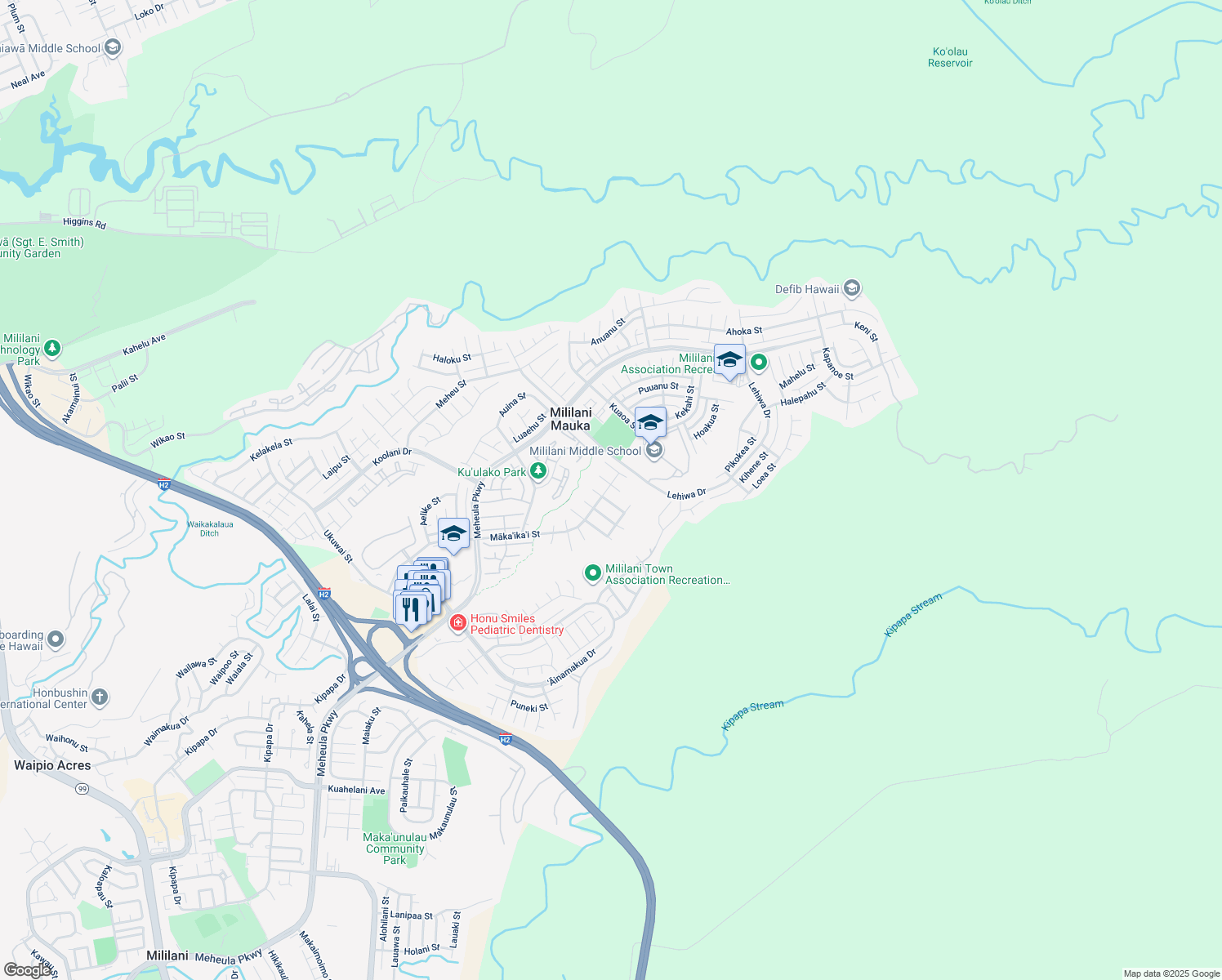 map of restaurants, bars, coffee shops, grocery stores, and more near 95-1025 Koliliko Street in Mililani