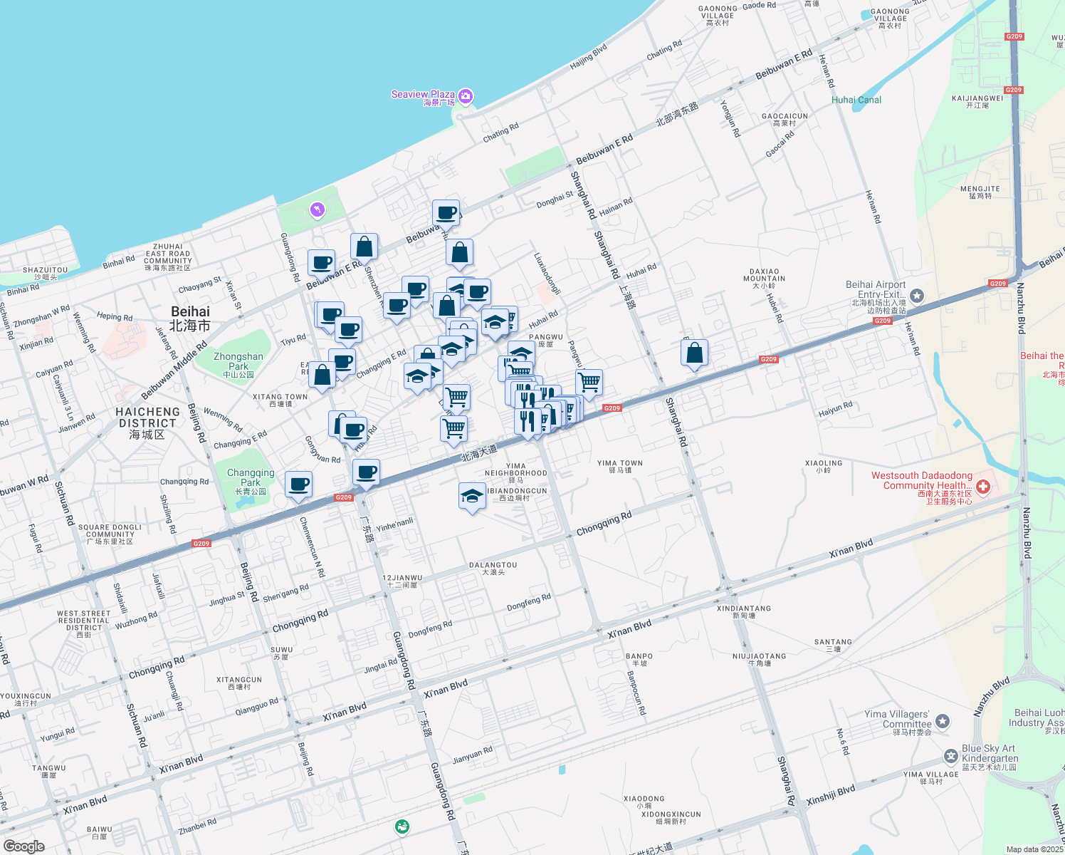map of restaurants, bars, coffee shops, grocery stores, and more near Bei Hai Da Dao in Bei Hai Shi