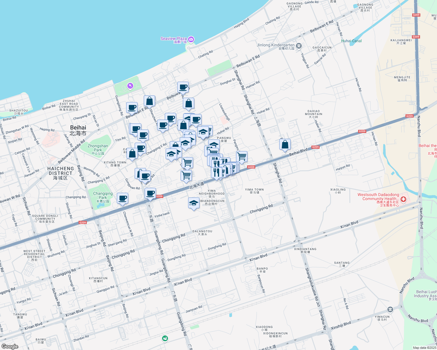 map of restaurants, bars, coffee shops, grocery stores, and more near Bei Hai Da Dao in Bei Hai Shi