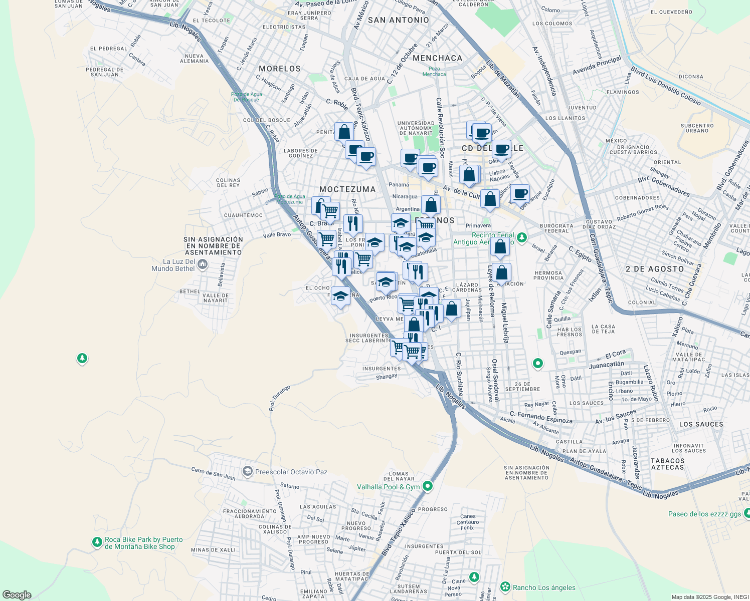map of restaurants, bars, coffee shops, grocery stores, and more near 109 Puerto Rico in Tepic