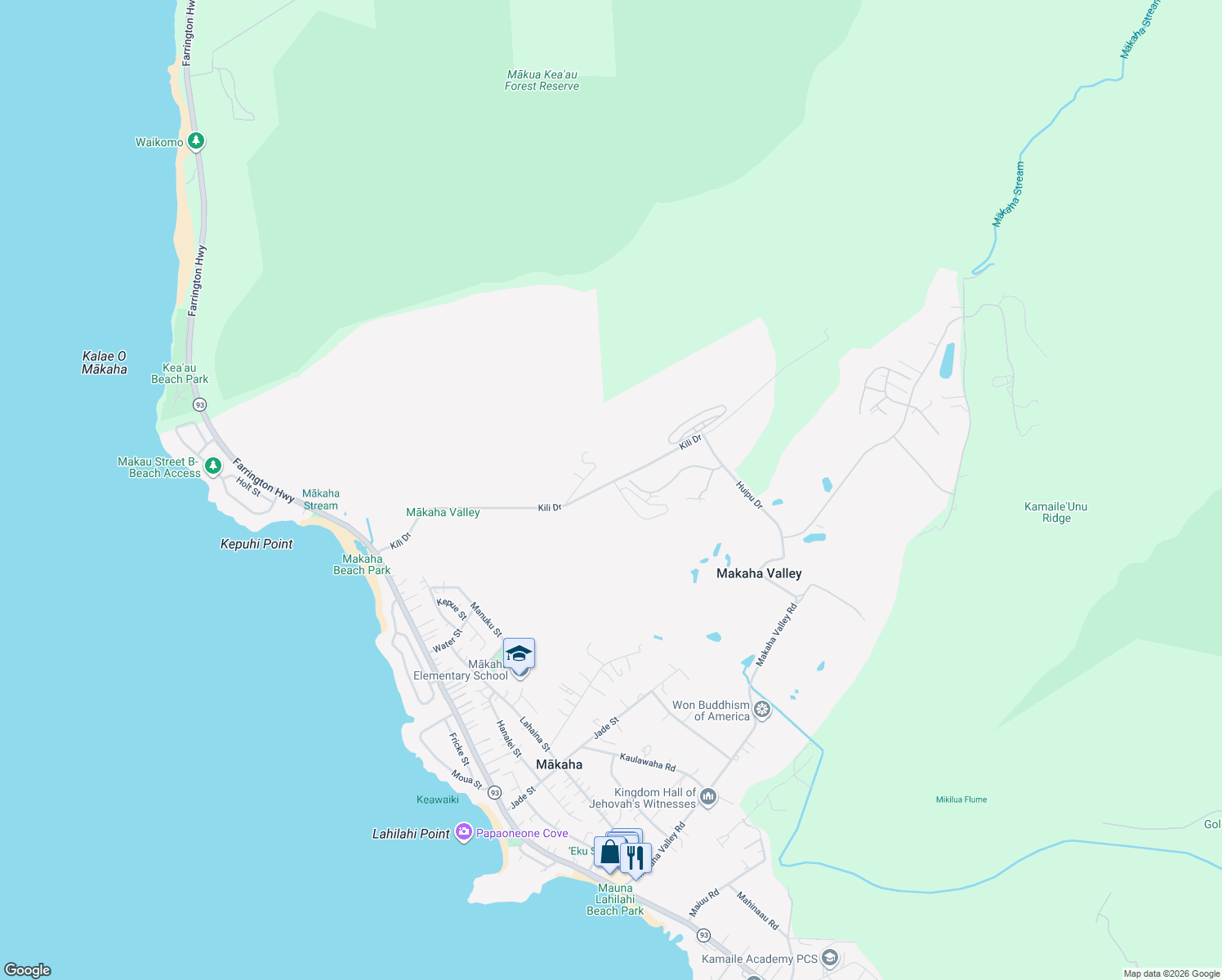 map of restaurants, bars, coffee shops, grocery stores, and more near 84-469 Kili Drive in Waianae