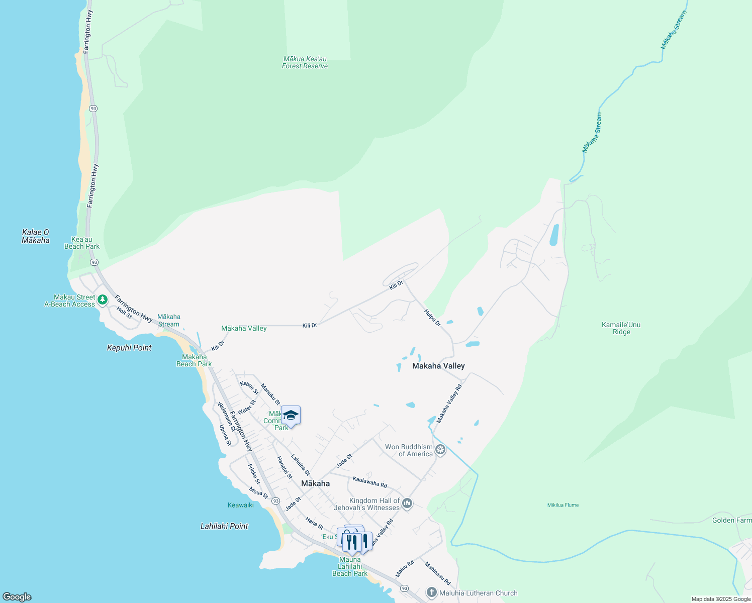 map of restaurants, bars, coffee shops, grocery stores, and more near 84-688 Ala Mahiku Street in Waianae