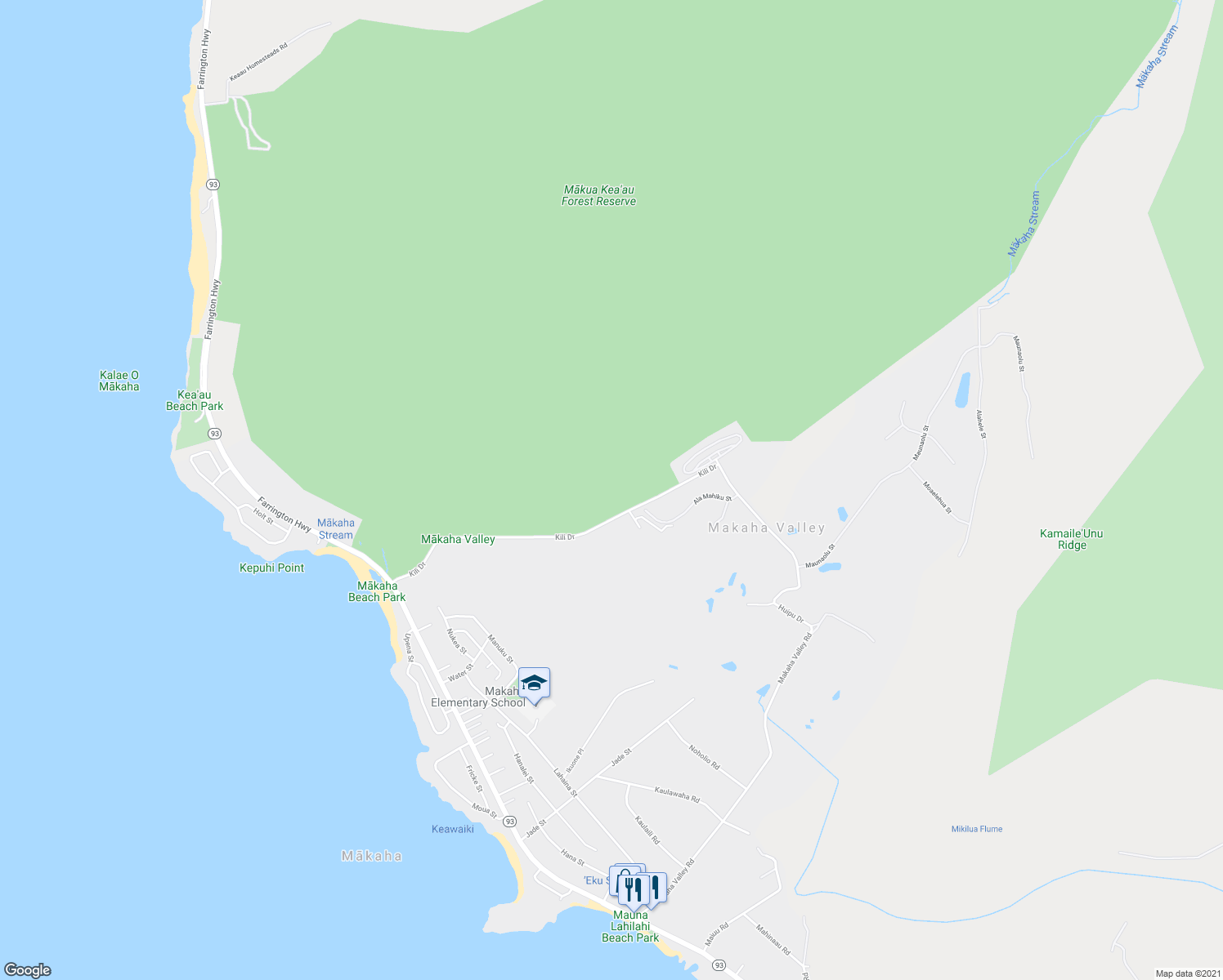 map of restaurants, bars, coffee shops, grocery stores, and more near 84-469 Kili Drive in Waianae