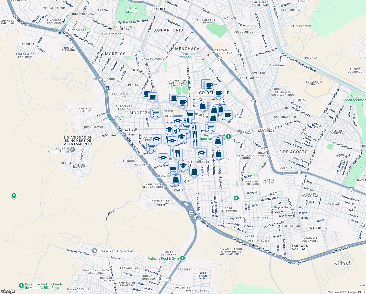 map of restaurants, bars, coffee shops, grocery stores, and more near in Tepic