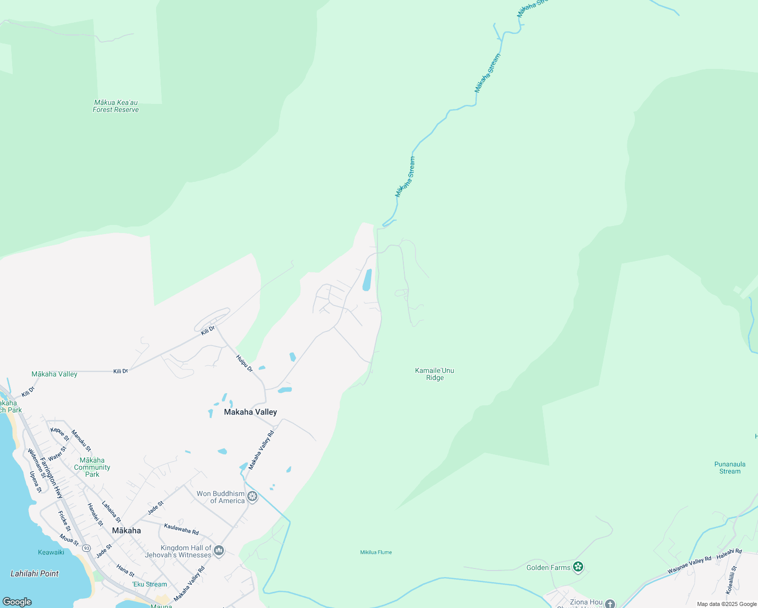 map of restaurants, bars, coffee shops, grocery stores, and more near Alahele Street in Makaha Valley