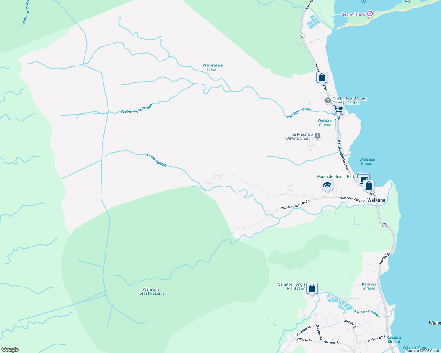 map of restaurants, bars, coffee shops, grocery stores, and more near 48 Waiahole Valley Road in Kaneohe