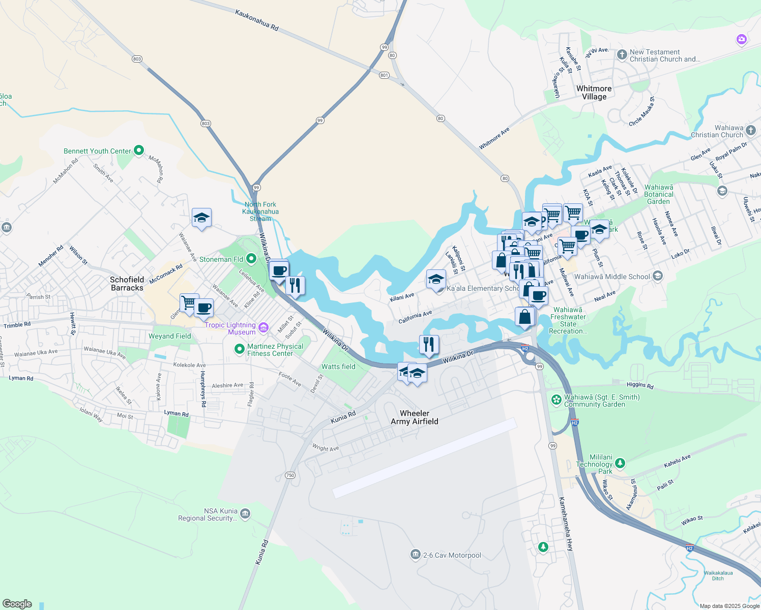 map of restaurants, bars, coffee shops, grocery stores, and more near 45 California Ave in Wahiawa