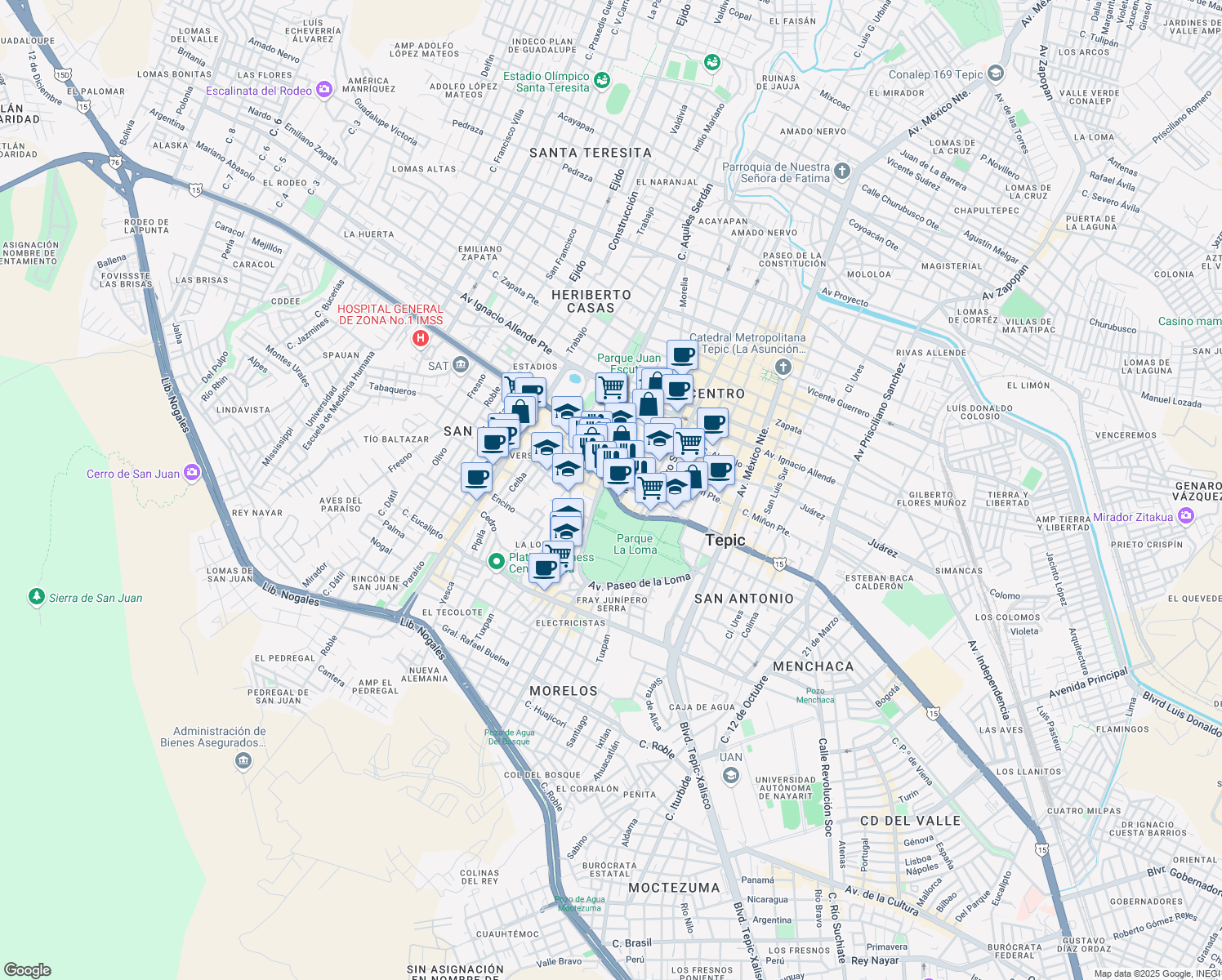 map of restaurants, bars, coffee shops, grocery stores, and more near 104 De Los Insurgentes Poniente in Tepic