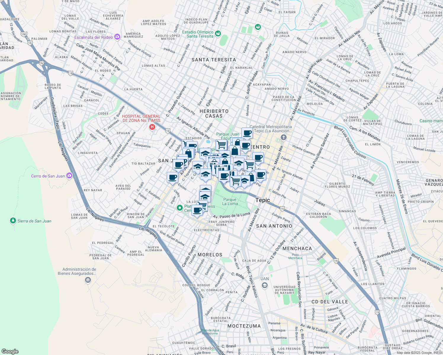 map of restaurants, bars, coffee shops, grocery stores, and more near 104 De Los Insurgentes Poniente in Tepic