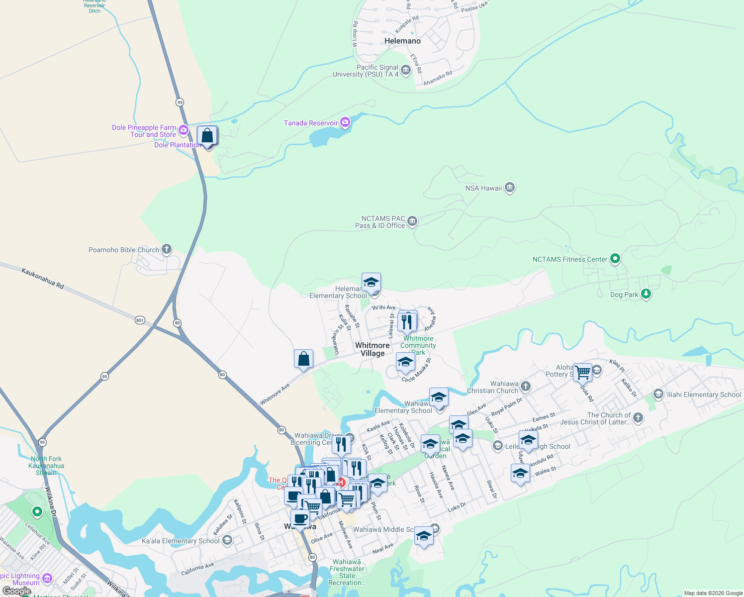 map of restaurants, bars, coffee shops, grocery stores, and more near 1001 Ihiihi Avenue in Wahiawā