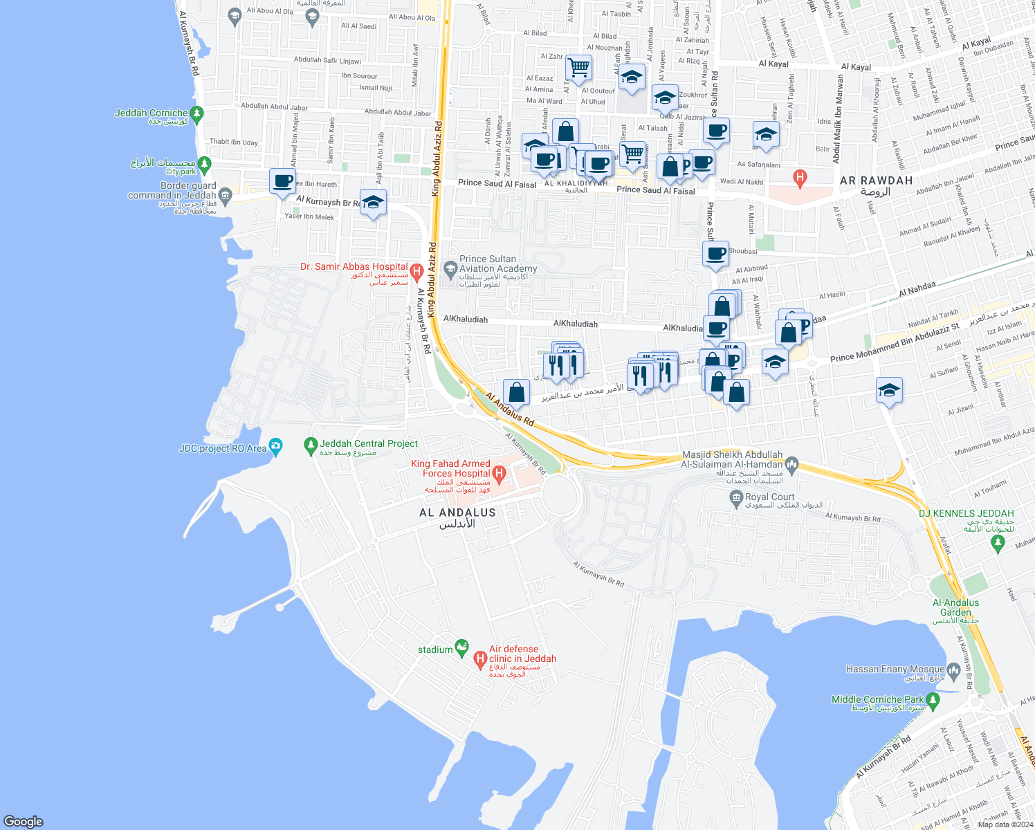 map of restaurants, bars, coffee shops, grocery stores, and more near Tahlia Street in Jeddah