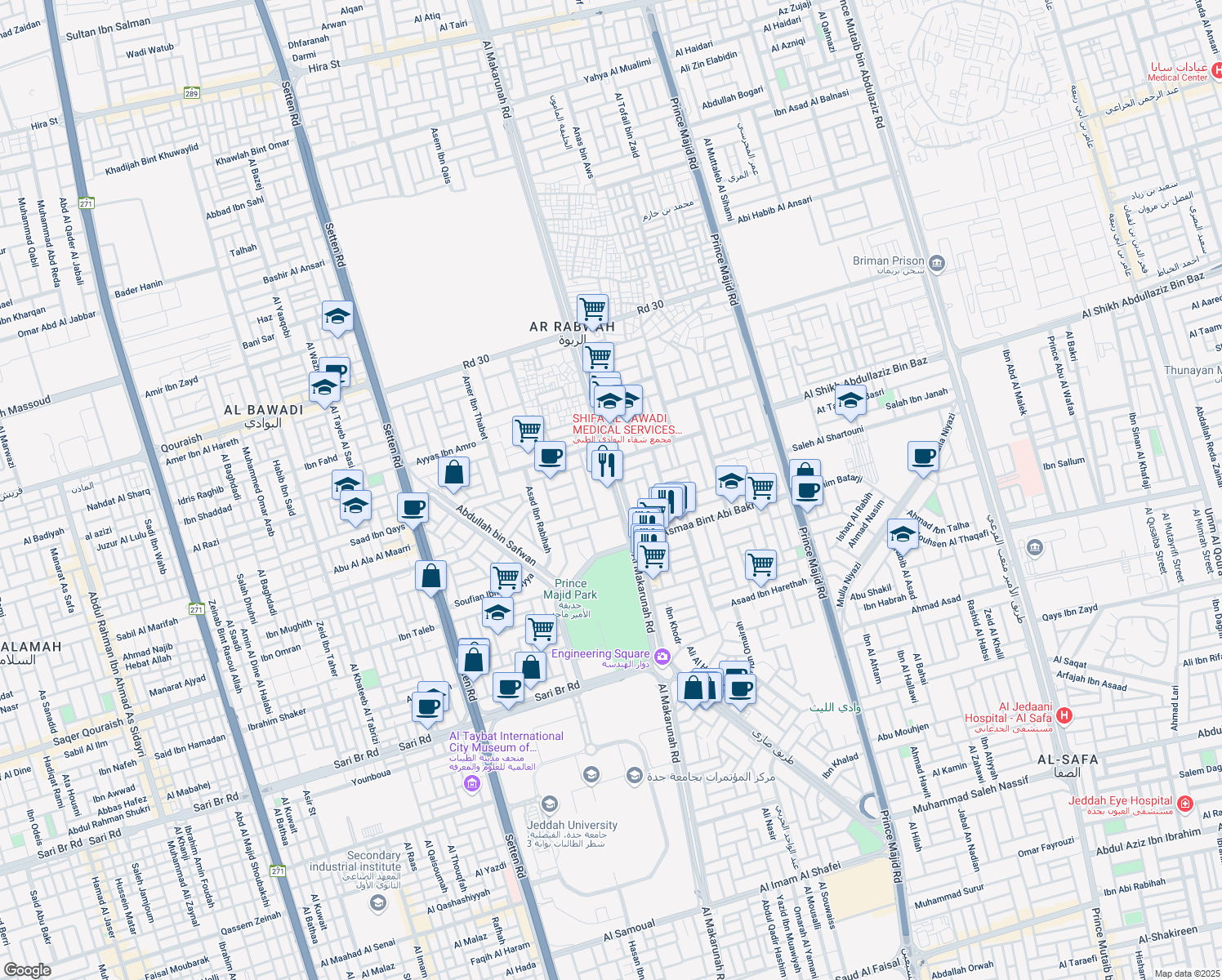 map of restaurants, bars, coffee shops, grocery stores, and more near Al Makarunah Road in Jeddah