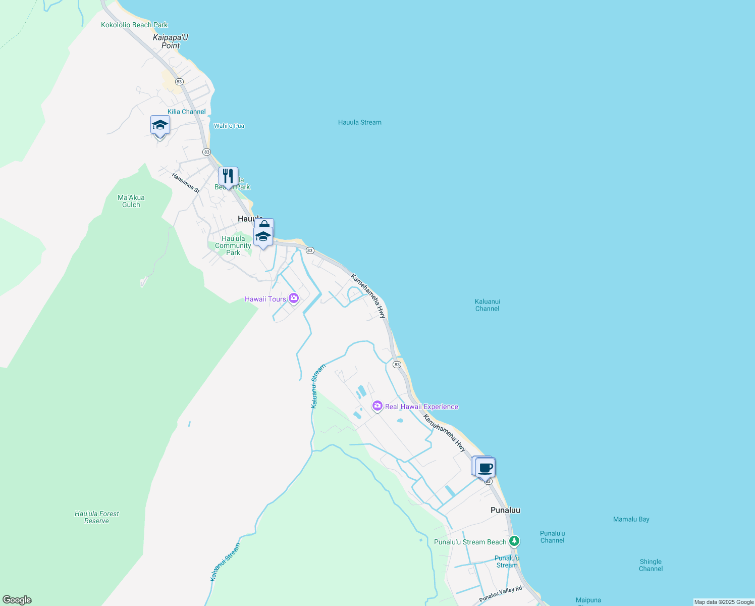 map of restaurants, bars, coffee shops, grocery stores, and more near 53-851 Kamehameha Highway in Hauula