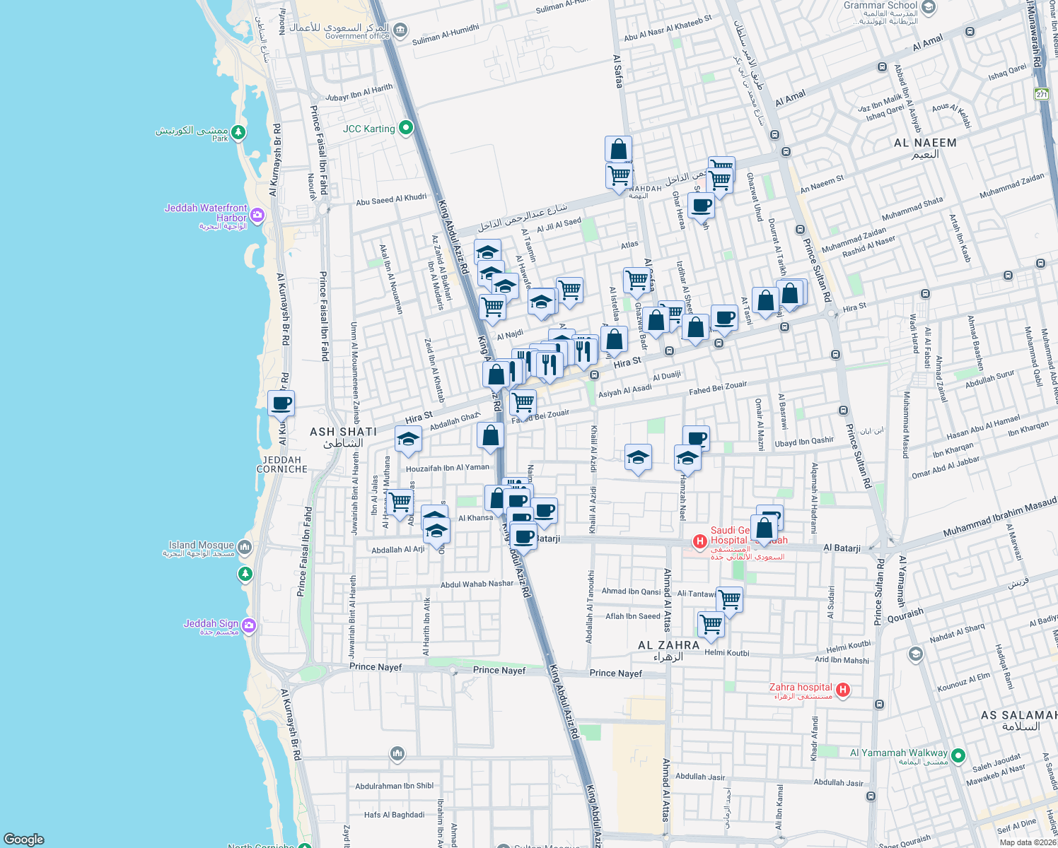 map of restaurants, bars, coffee shops, grocery stores, and more near 7571 Fahed Bei Zouair in Jeddah