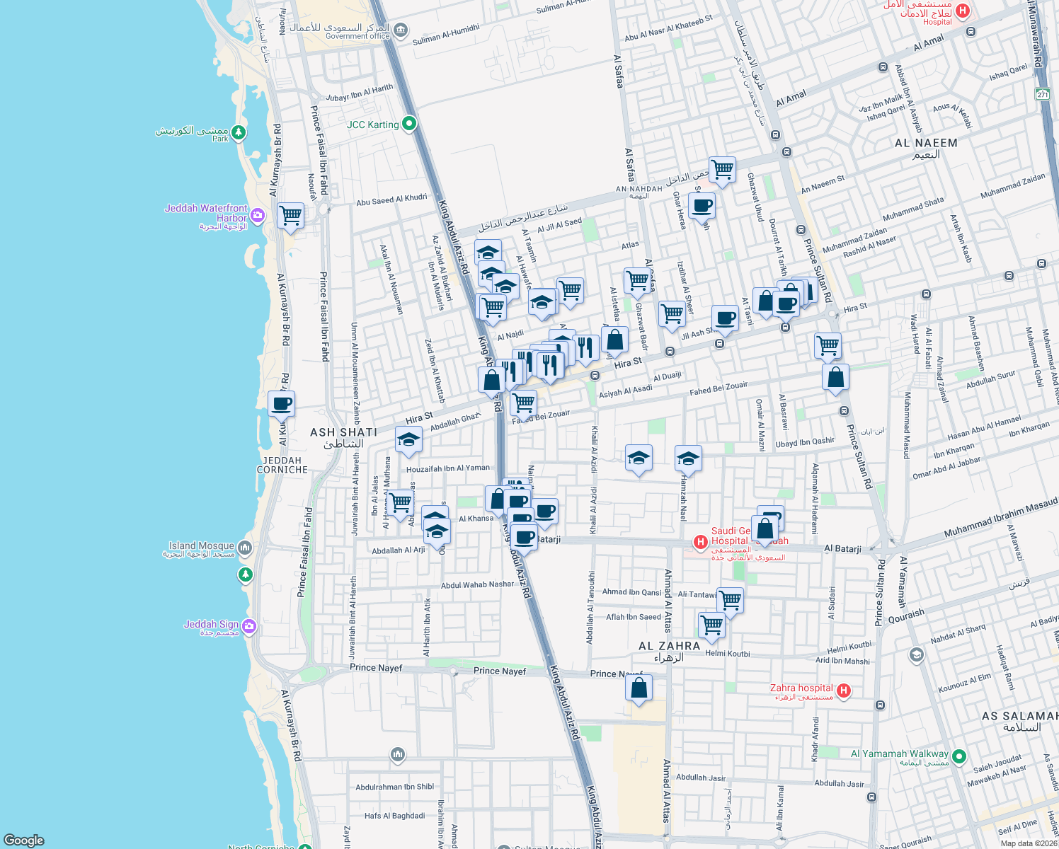 map of restaurants, bars, coffee shops, grocery stores, and more near 7571 Fahed Bei Zouair in Jeddah