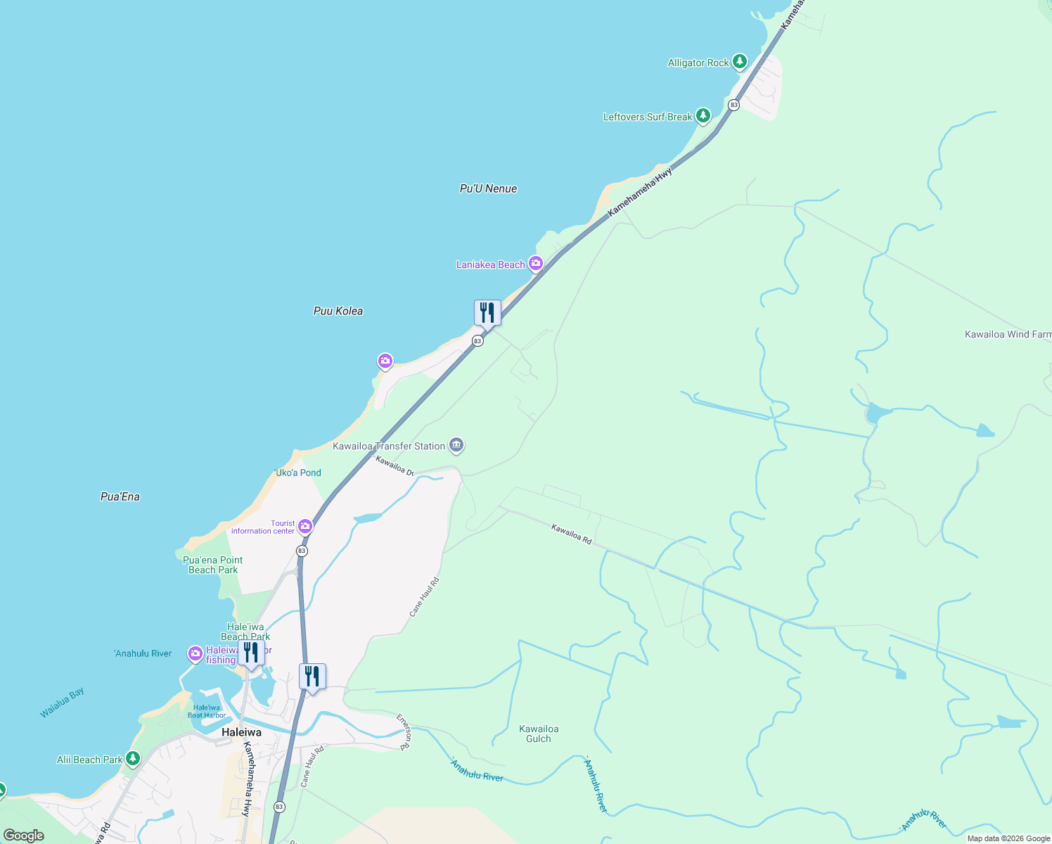 map of restaurants, bars, coffee shops, grocery stores, and more near 62-196 Kawailoa Drive in Haleiwa